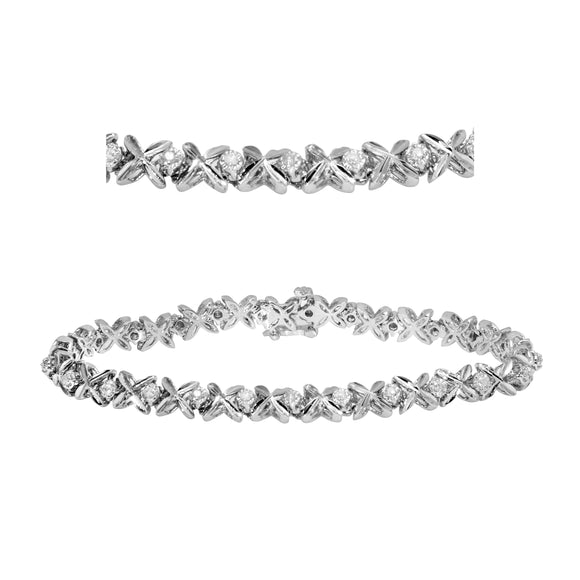 14k White Gold Round Diamonds Tennis X Link Bracelet 7.25