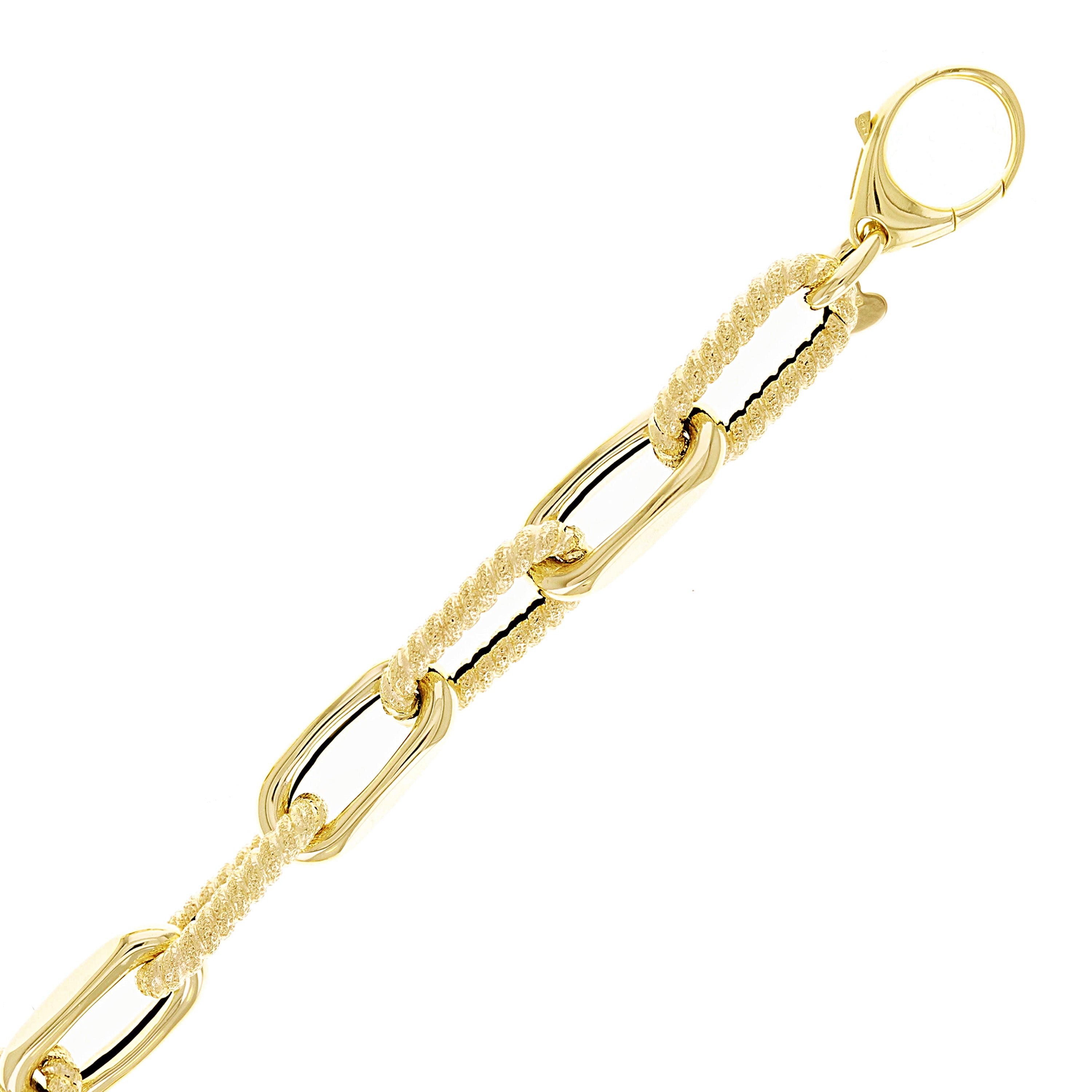 Italian 14k Yellow Gold Plain & Rope Paper Clip Link Bracelet 7.5" 10mm 9.8 grams