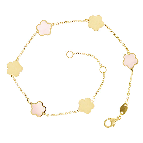 Italian 14k Yellow Gold Pearl Flower Charm Station Bracelet 7.5
