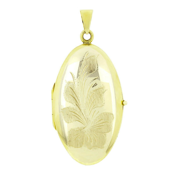 Italian 14k Yellow Gold Vintage Floral Oval Locket Charm Pendant 1.75