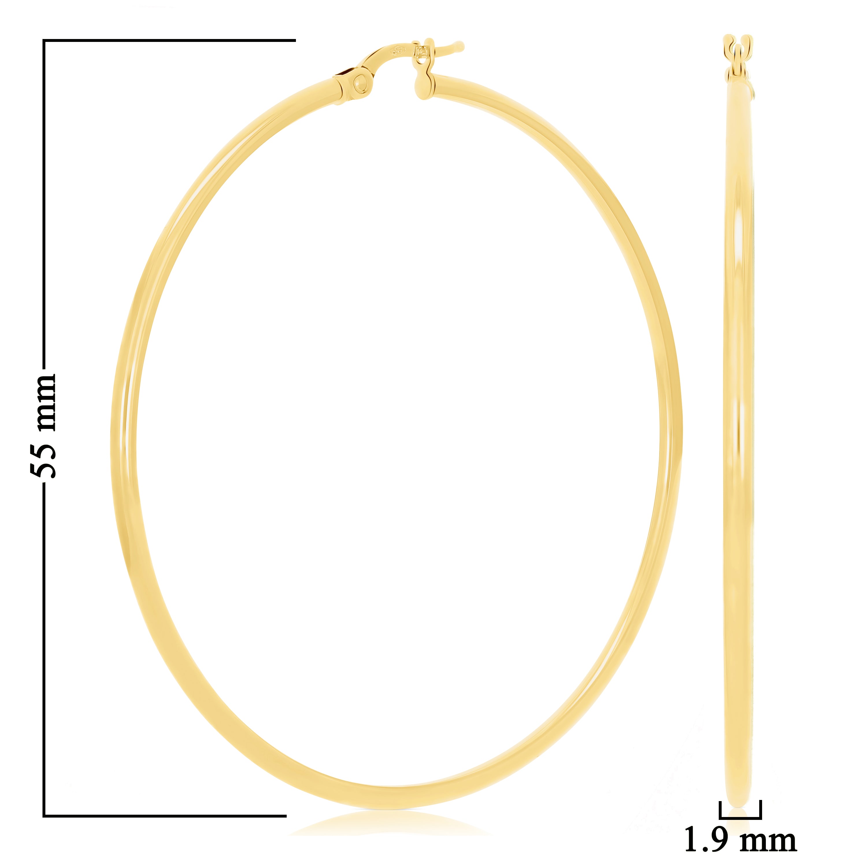Italian 14k Yellow Gold High Polish 2mm 2" Diameter Round Hoop Earrings 2.8grams
