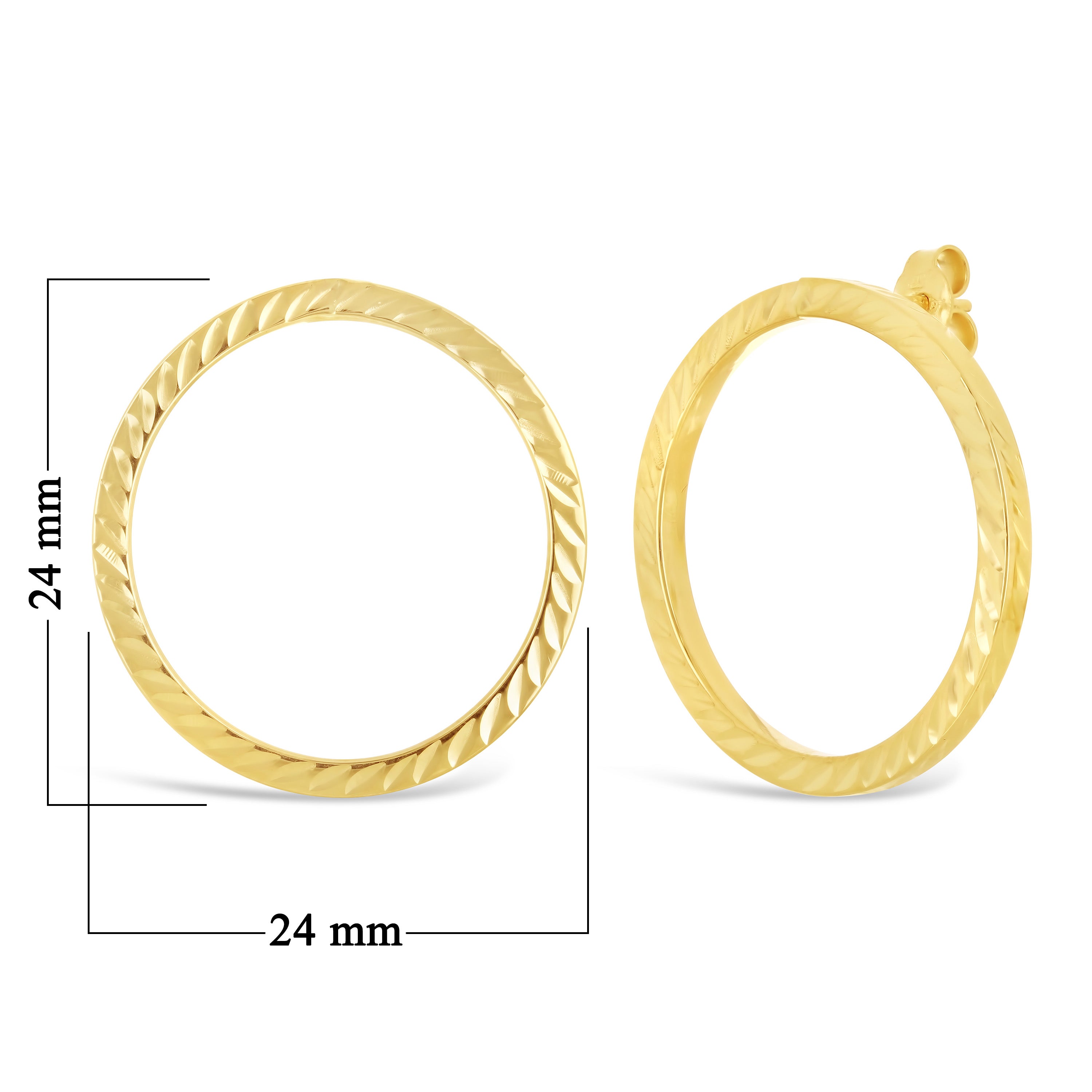 Italian 14k Yellow Gold Slim Diamond-Cut Eternity Circle Drop Hoop Stud Earrings - Shiny Yellow