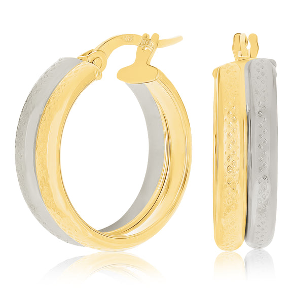 Italian 14k Yellow & White Gold Waffle Snare Design Double Hollow Hoop Earrings