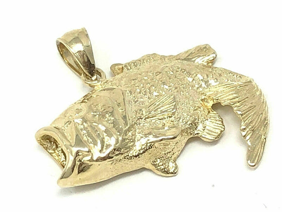 14k Yellow Gold Solid Big Bass Fish Charm Pendant 4.2 grams