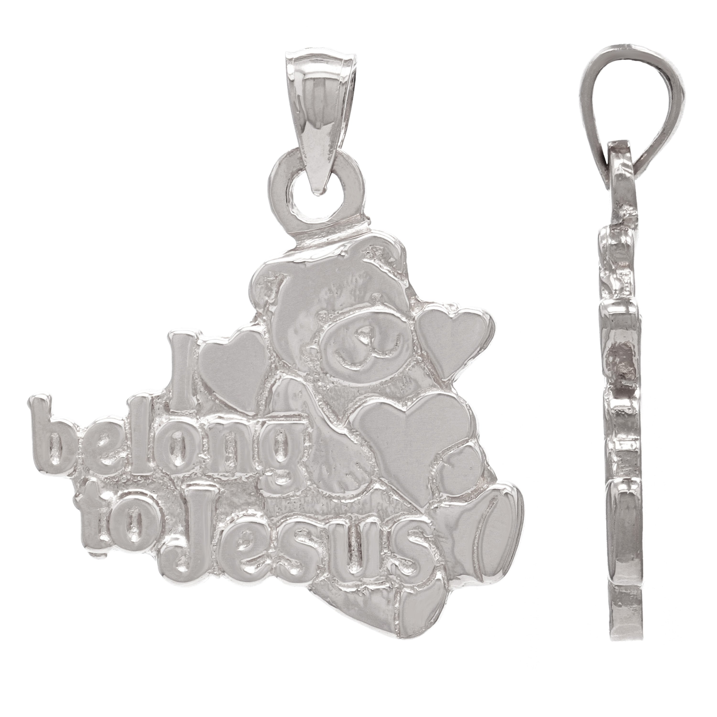 14k White Gold Teddy Bear Hearts I Belong To Jesus Charm Pendant 5.2grams - White
