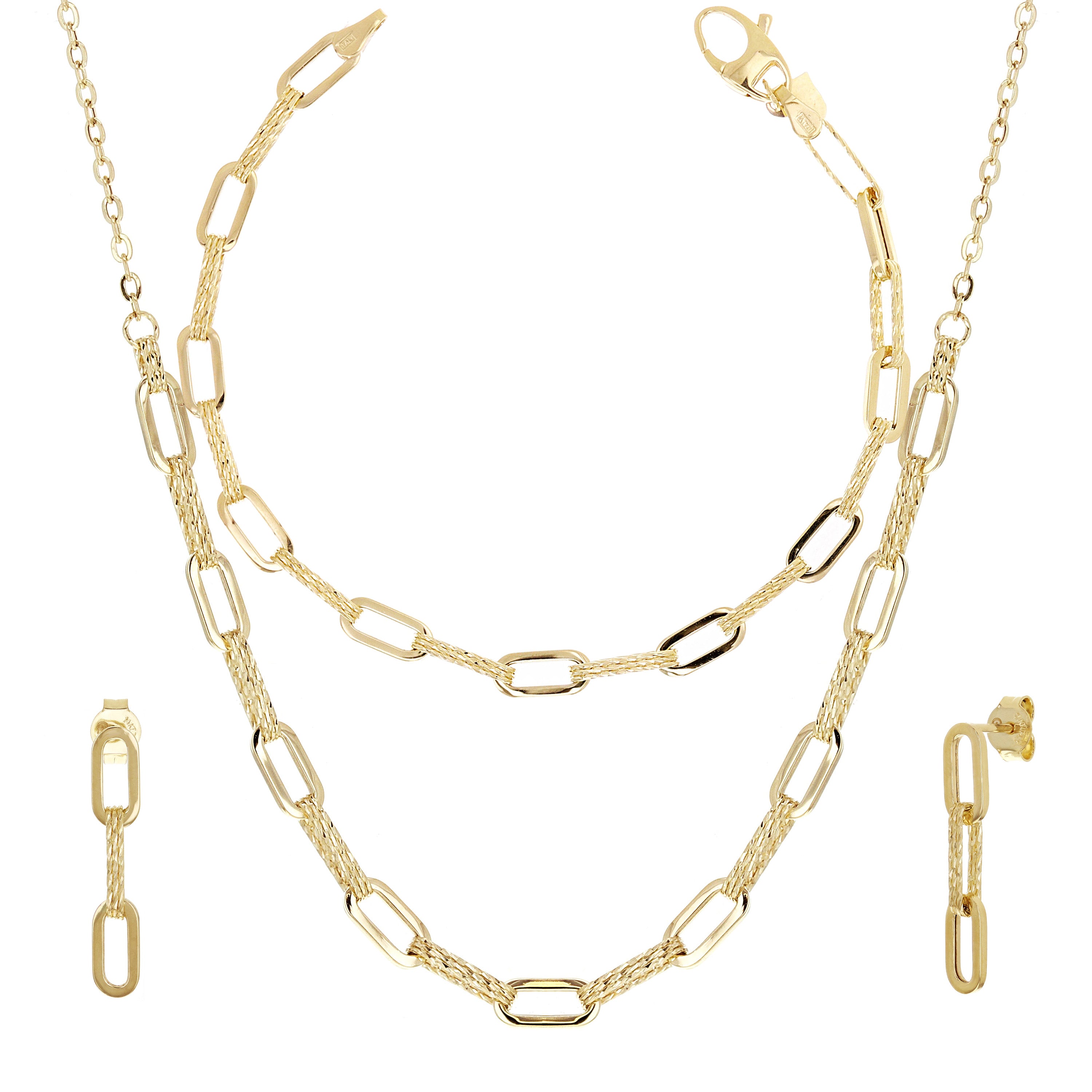 Italian 14k Yellow Gold Paper Clip Links Necklace, Bracelet & Earrings Set 10.5 grams