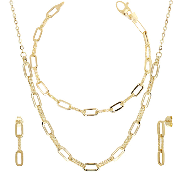 Italian 14k Yellow Gold Paper Clip Links Necklace, Bracelet & Earrings Set 10.5 grams