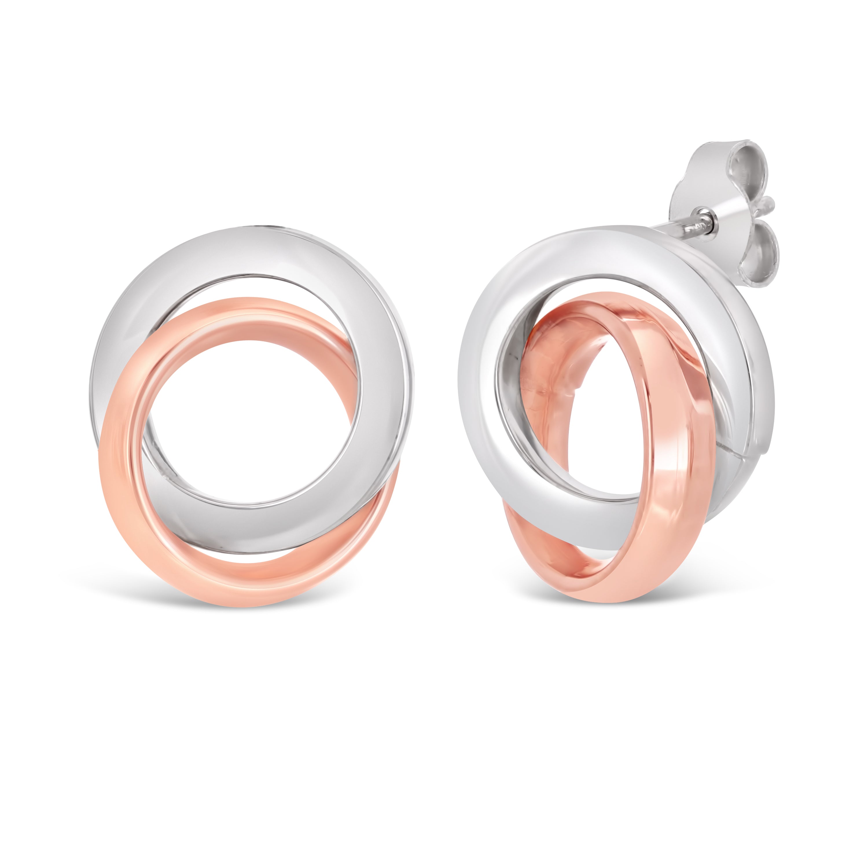 Italian 14k White & Rose Gold Double Entwined Eternity Circle Stud Earrings - Entwined Tubular