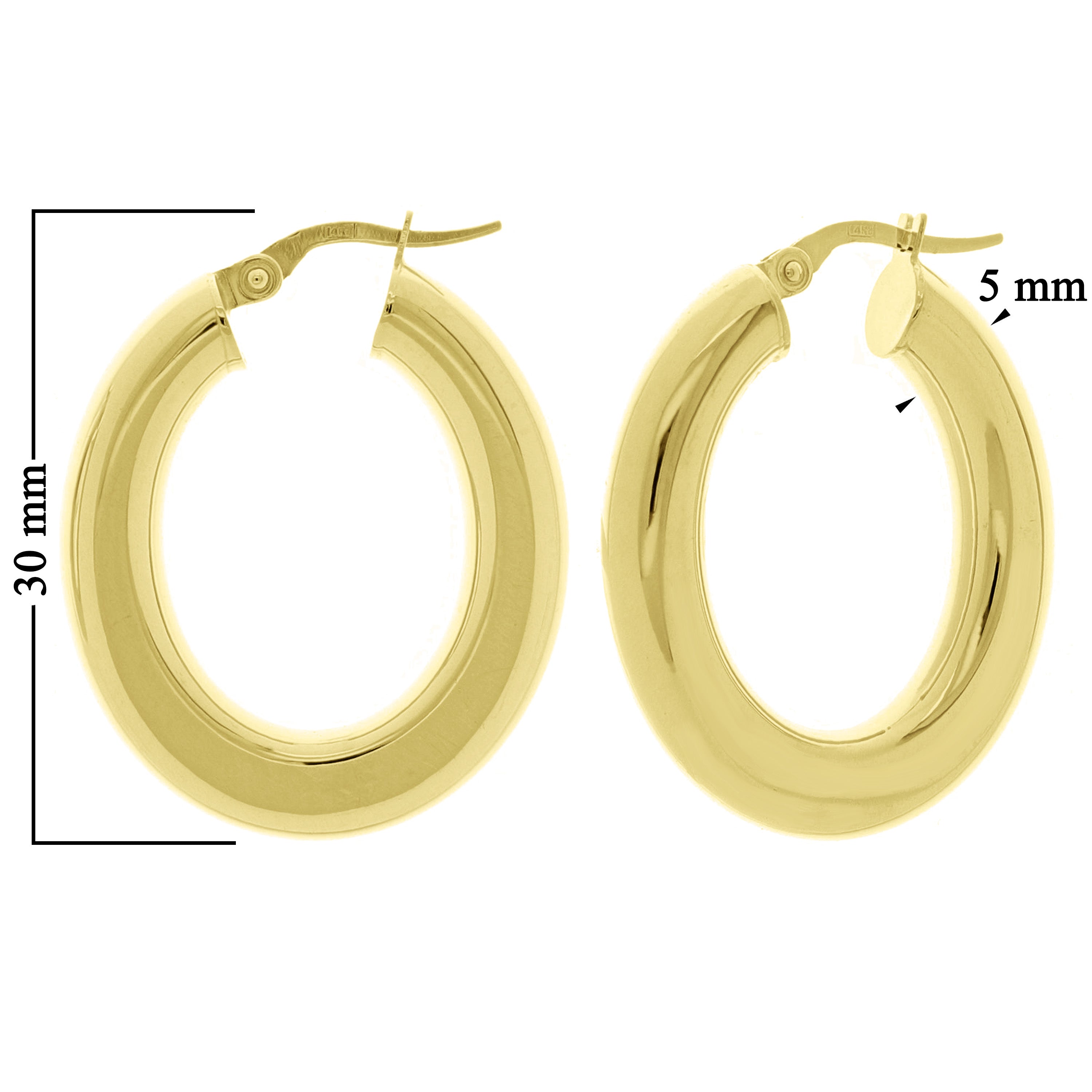 Italian 14k Yellow Gold High Polish Flat Oval Hoop Earrings 1.2" 5mm 3.9 grams