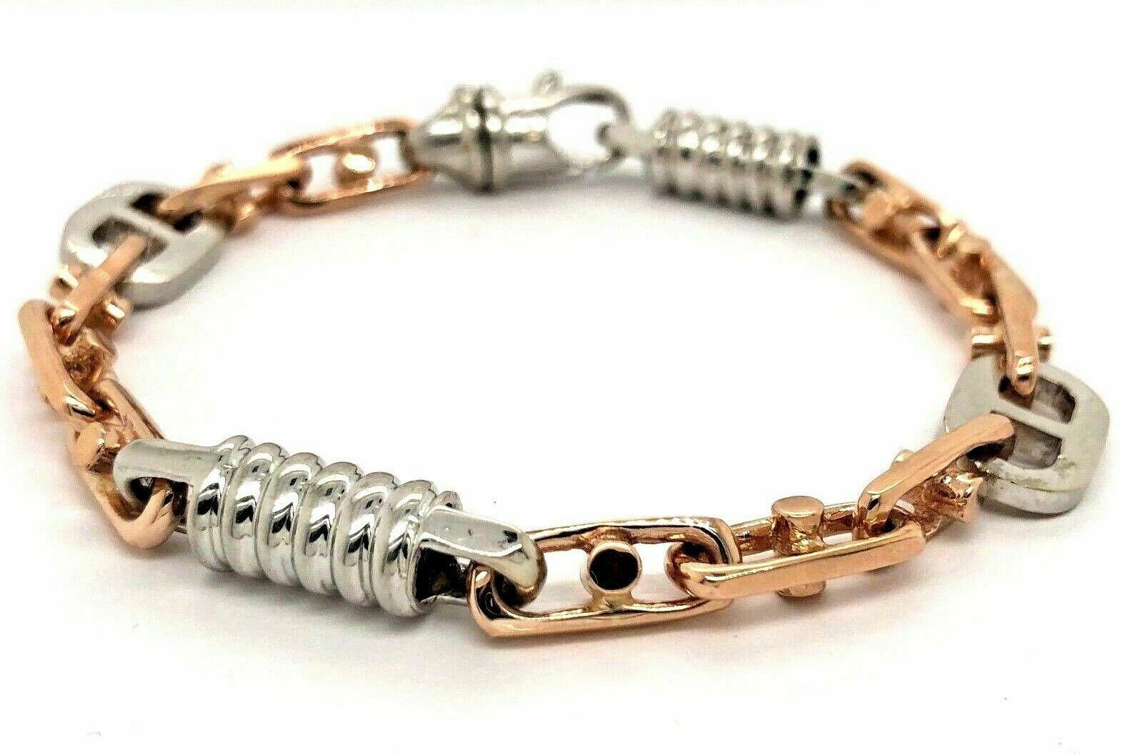 14k Two Tone Gold Handmade Fashion Link Bracelet 9" 7.5mm 32.7 grams