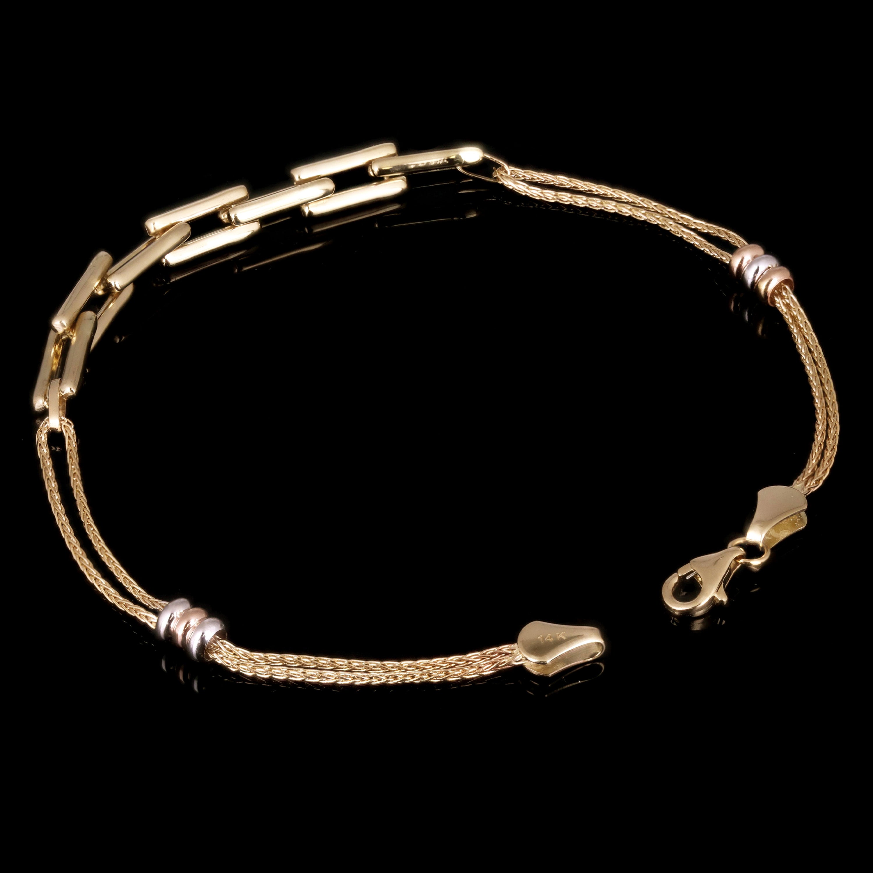 Italian 14k Tri-Color Gold Spiga, Link & Charm Bracelet 7.5" 3.7 grams