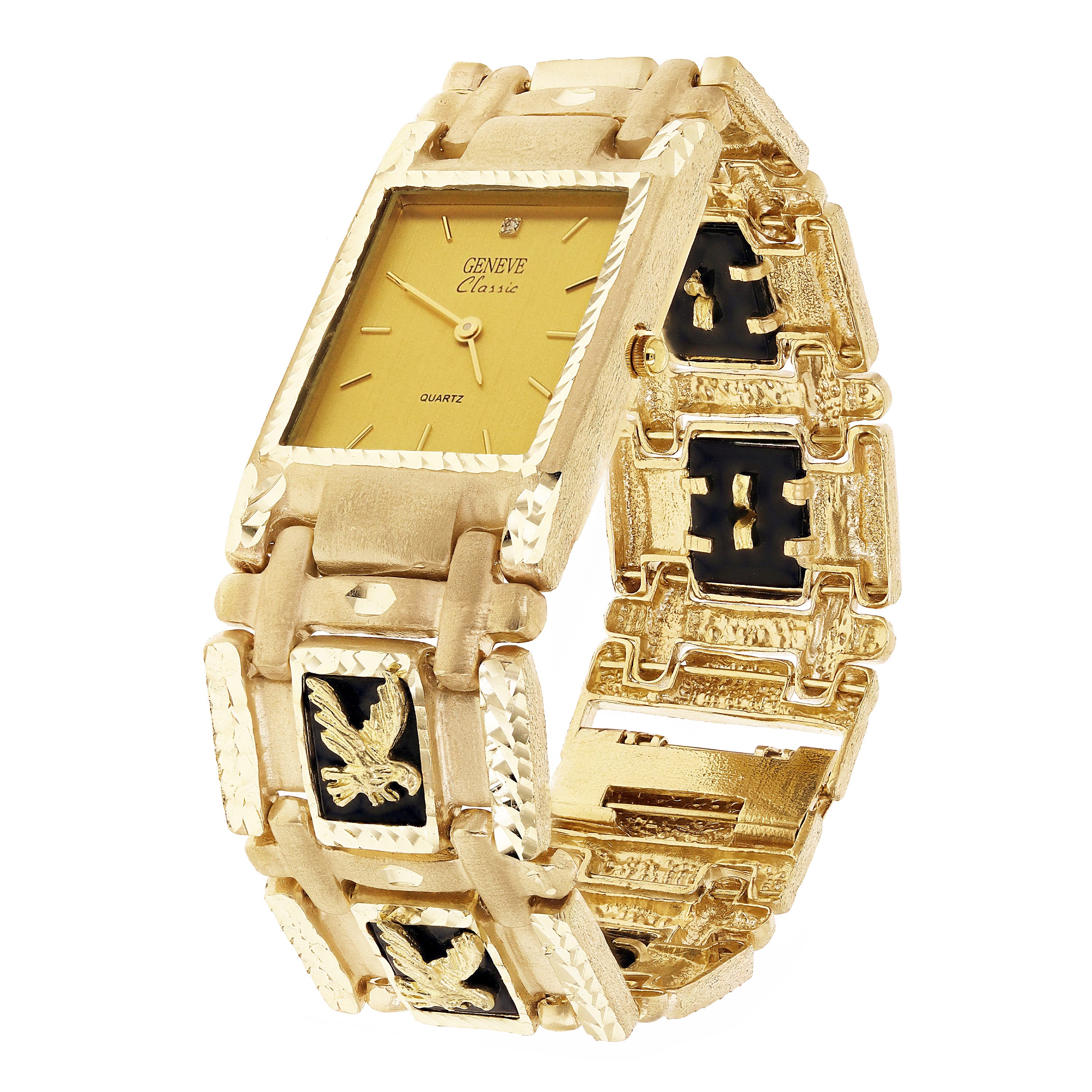 14k Yellow Gold Watch Band Eagle&Black Onyx Geneve Diamond Watch 7.5" 73.4 grams - Yellow 7.5" 73.4 grams