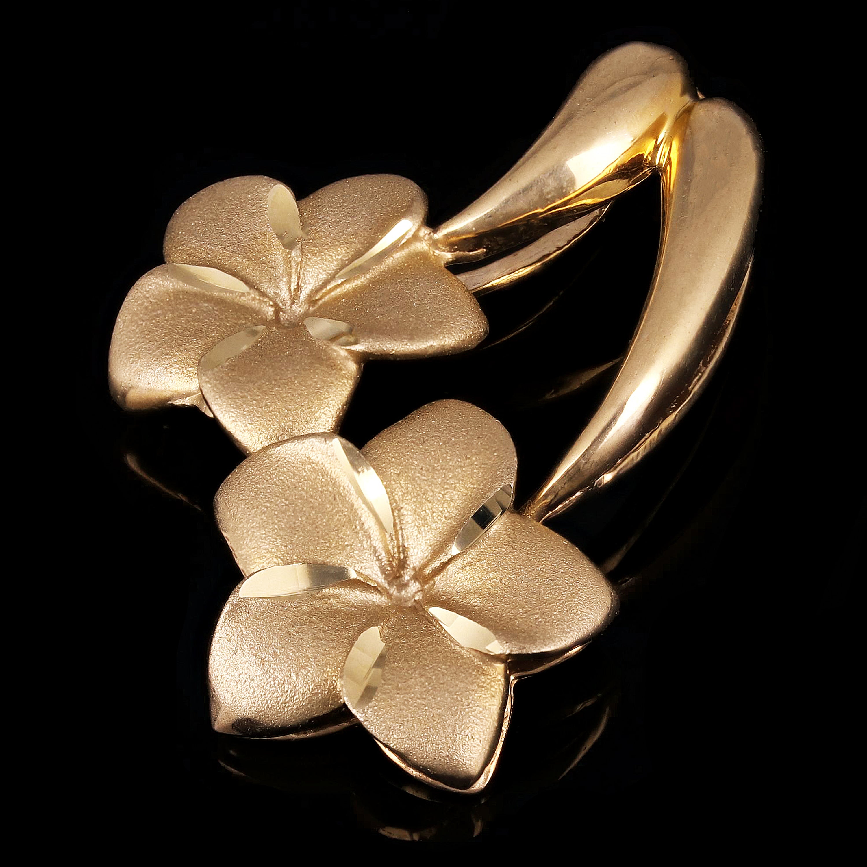 14k Yellow Gold Solid Double Hawaiian Plumeria Flower Pendant 1.2" 4.8 grams