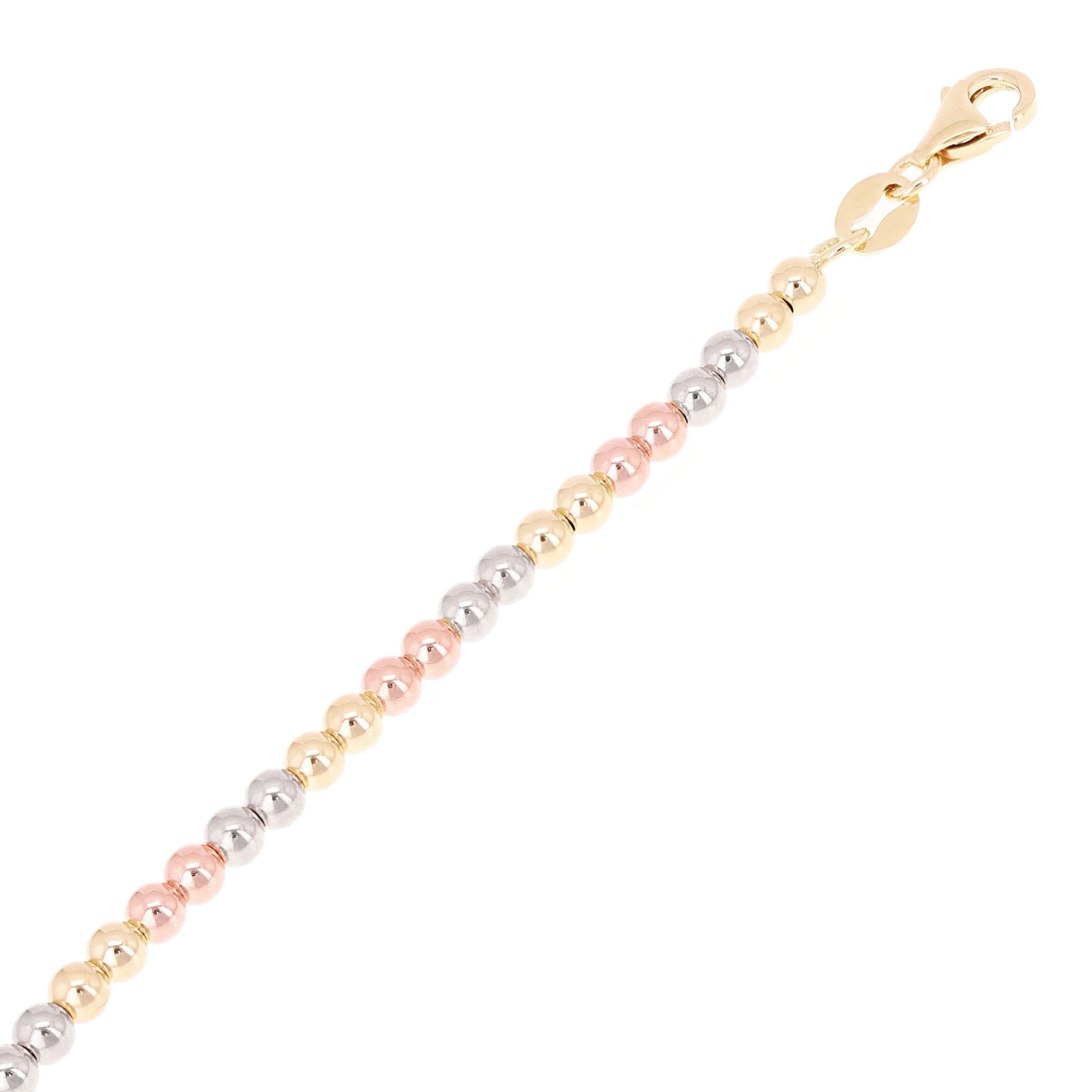 Italian 14k Tri Color Gold Hollow Ball Bead Bracelet 8" 3mm 3 grams - Tri-Color