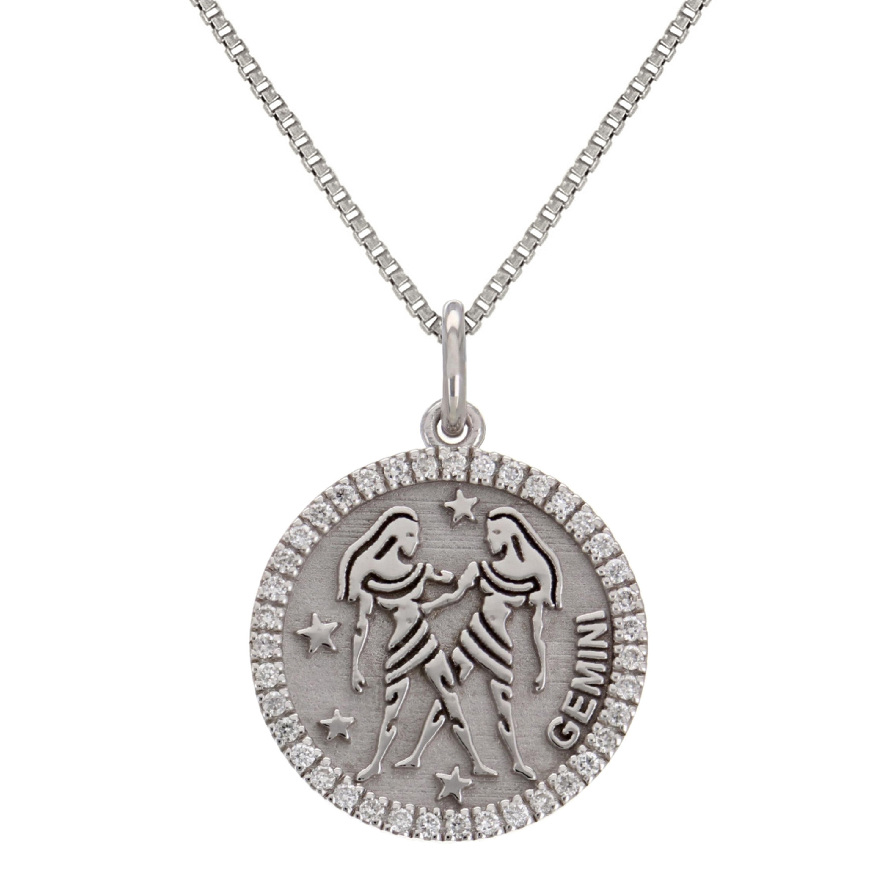 14k White Gold Diamond Zodiac Sign Gemini Pendant Necklace 18" - Gemini,White