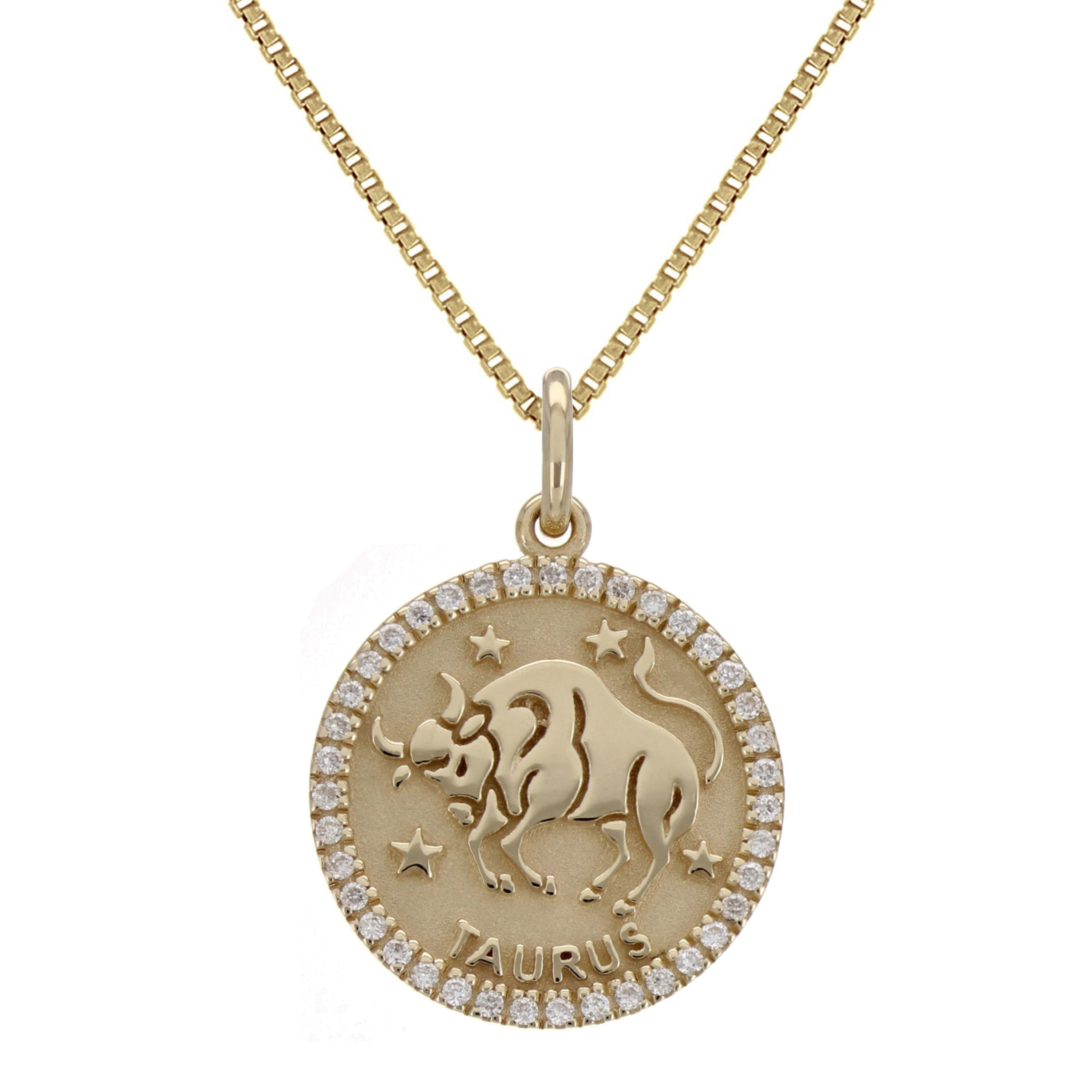 14k Yellow Gold Diamond Zodiac Sign Taurus Pendant Necklace 18" - Taurus,Yellow