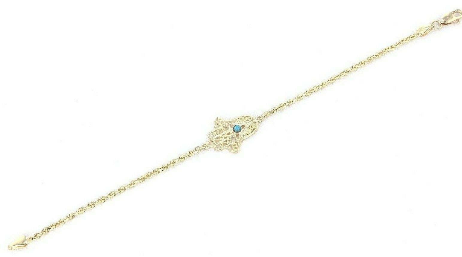 14k Yellow Gold Rope Chain Bracelet with Hamsa Hand of Fatima Charm 8" 5.4 grams