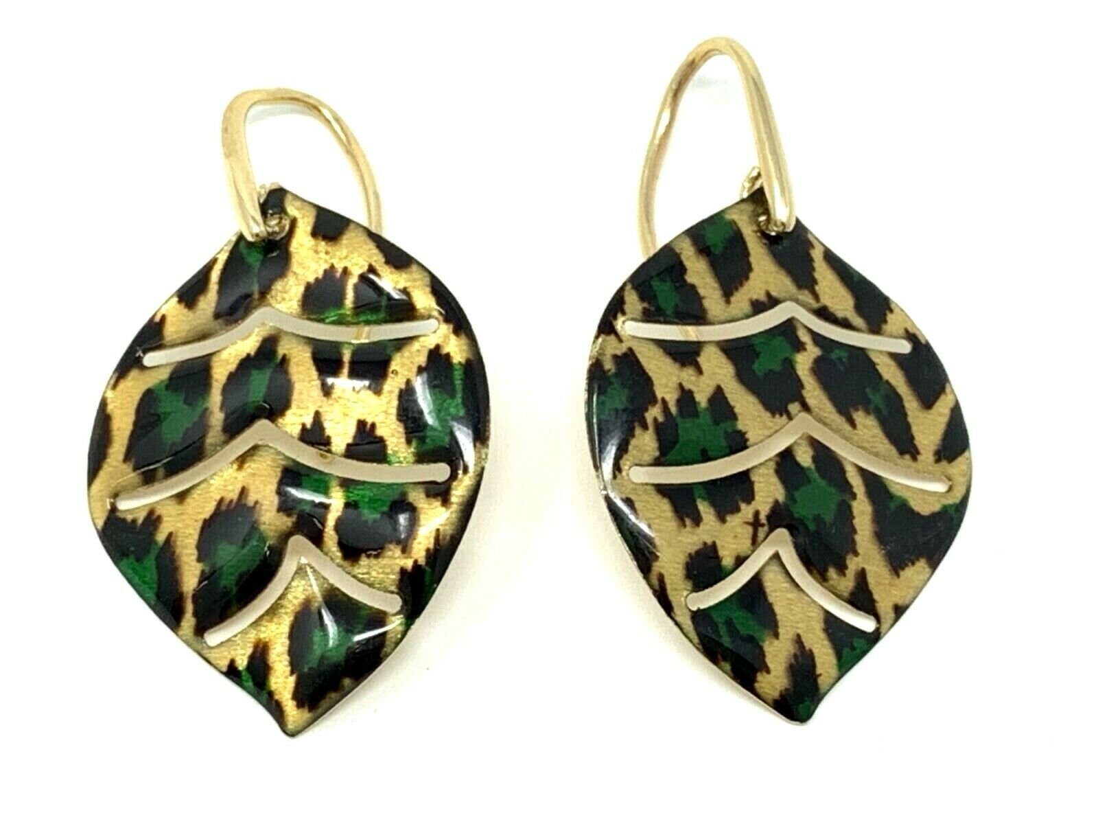 Italian 14k Yellow Gold Enamel Animal Print Leaf Earrings and Pendant Set