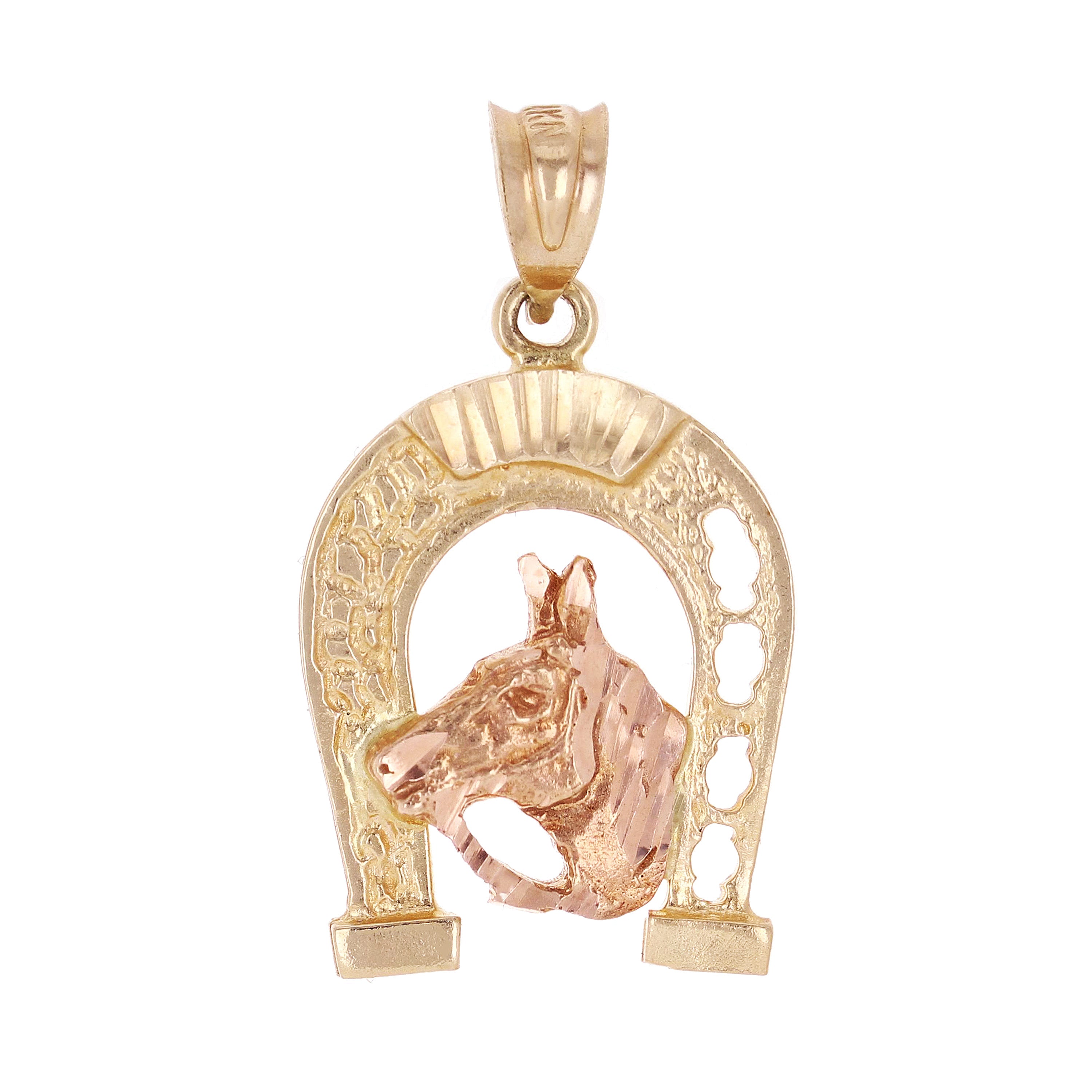 14k Yellow & Rose Gold Horse Face Horse Shoe Charm Pendant 1" 2.9 grams