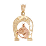 14k Yellow & Rose Gold Horse Face Horse Shoe Charm Pendant 1" 2.9 grams