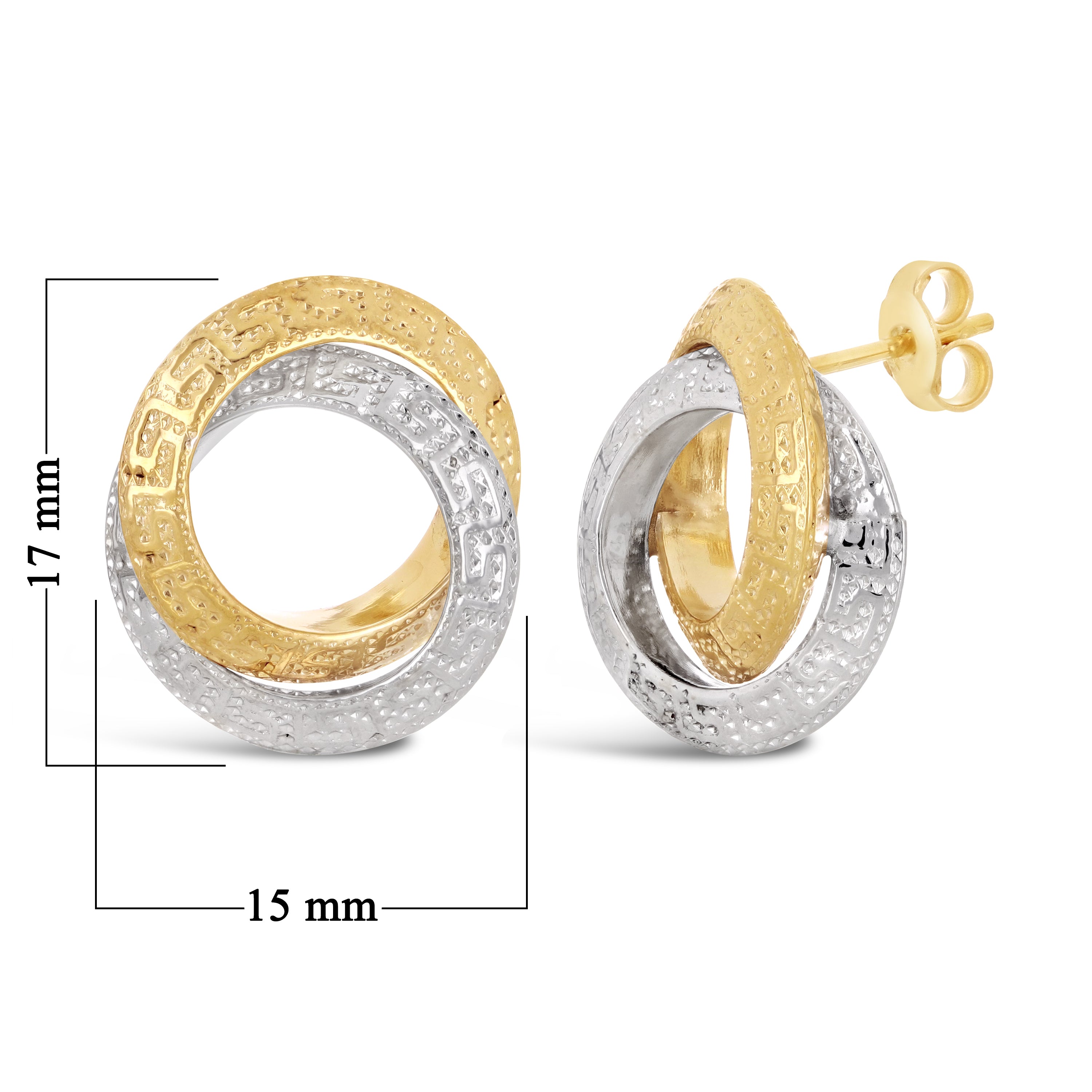 Italian 14k Yellow & White Gold Greek Key Textured Double Eternity Knot Earrings - Textured