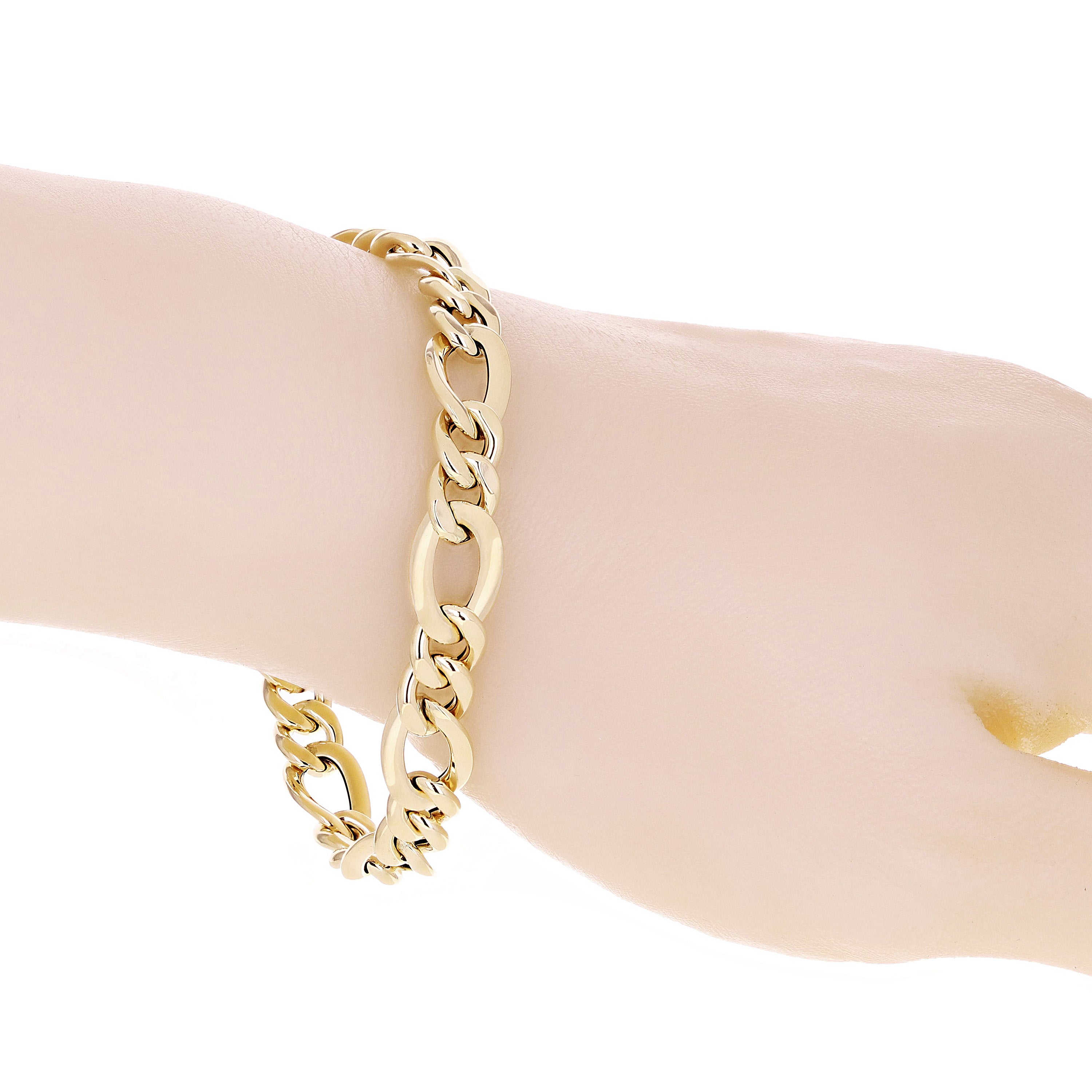 Women's Italian 14k Yellow Gold Hollow Figaro Chain Bracelet 7.5" 9mm 5.3 grams