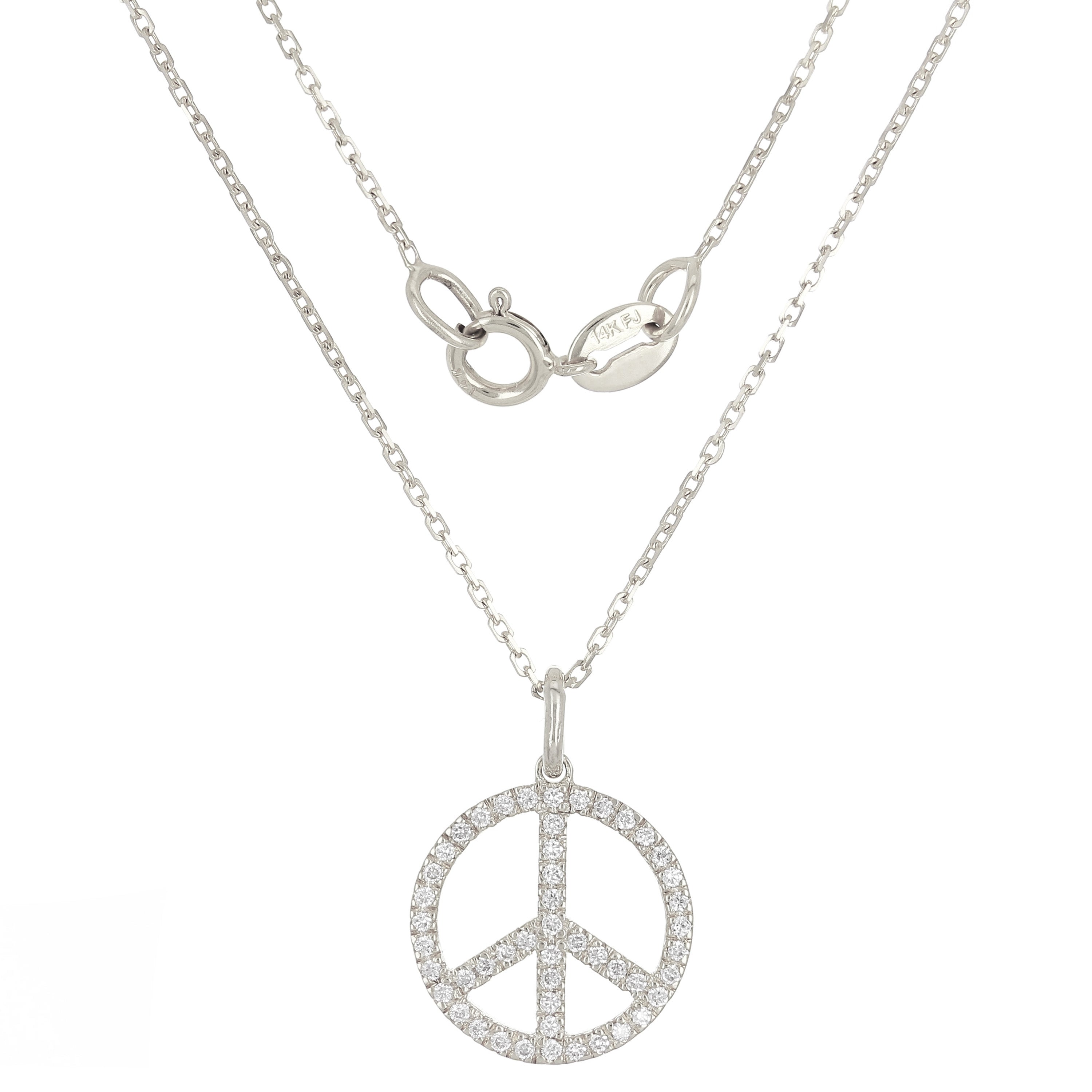 14k White Gold Diamond Peace Sign Pendant Necklace 18" - White
