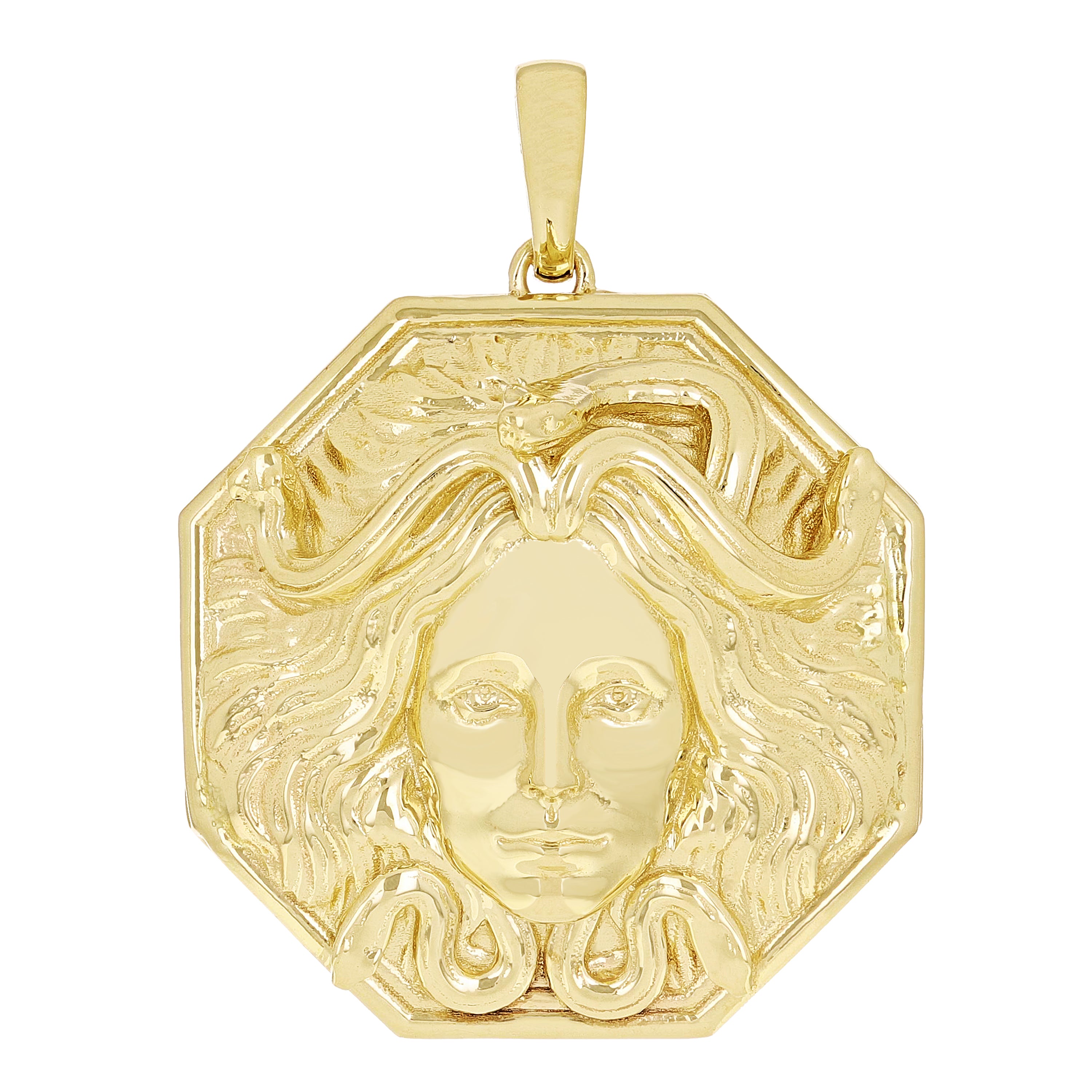 10k Yellow Gold Solid Textured 3D Medusa Charm Pendant 1.6" 19 grams