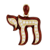 14k Yellow Gold Red Enamel Hebrew Jewish Chai Symbol Life with Diamonds Pendant - Red