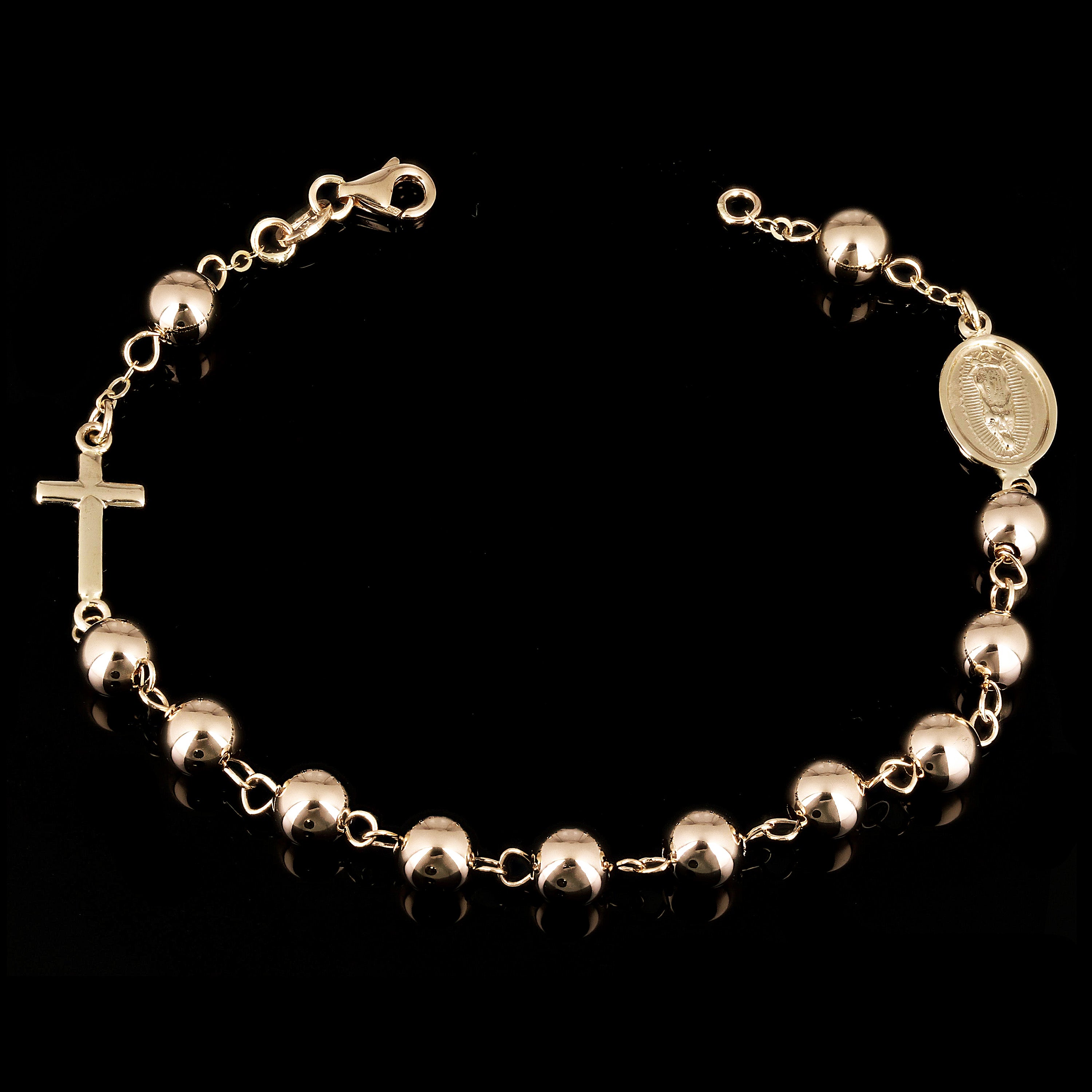 Italian 14k Yellow Gold Miraculous Medal Charm Rosary Bracelet 8" 6mm 5 grams