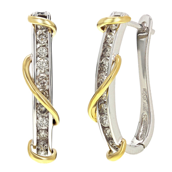 14k Yellow & White Gold 1ctw Diamond Linear Oblong Twist J-Hoop Earrings