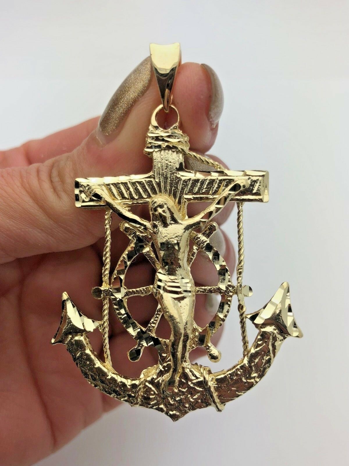 10k Yellow Gold Big Anchor Mariner Cross Jesus Crucifix Pendant 2.4" 14-15 grams