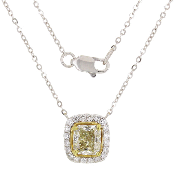 18k Two Tone Gold 1.32ctw Yellow & White Diamond Cushion Halo Pendant Necklace