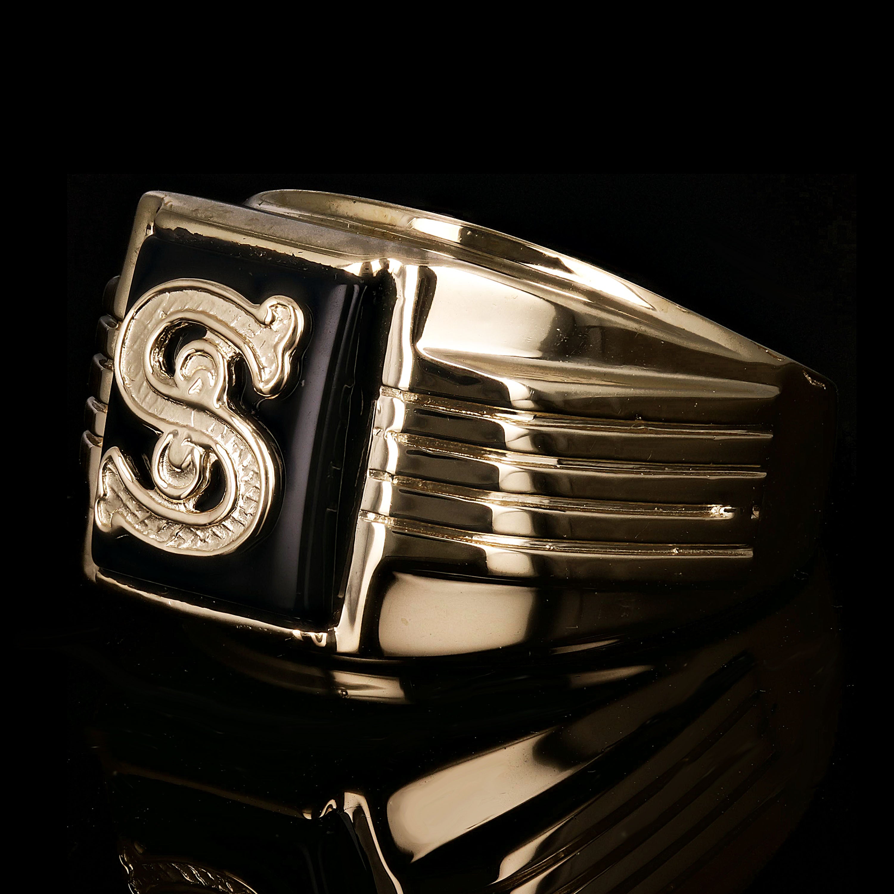 Men's 14k Yellow Gold Black Onyx Initial Letter S Ring Size 9 - 11.3 grams