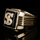 Men's 14k Yellow Gold Black Onyx Initial Letter S Ring Size 9 - 11.3 grams