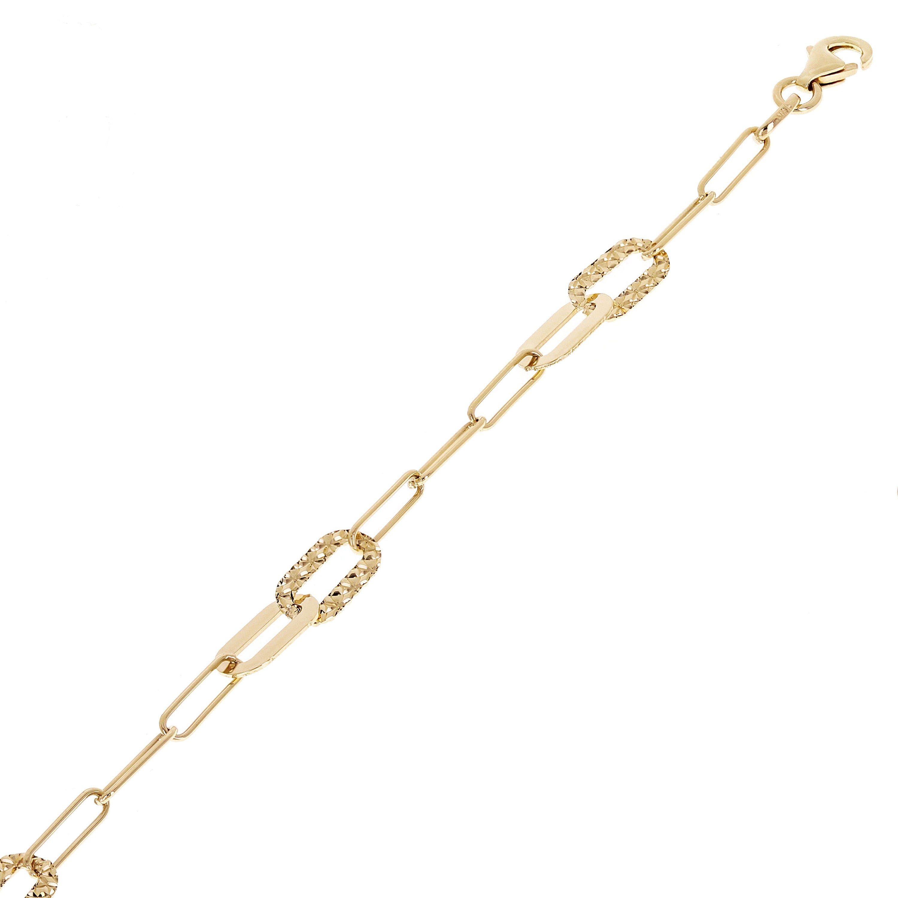 Italian 14k Yellow Gold High Polished & Diamond Cut Paperclip Link Bracelet 7"