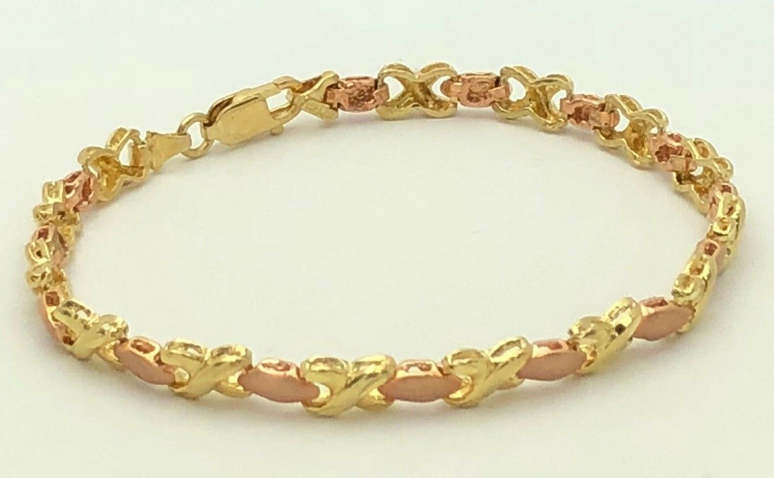 14k Two Tone Gold Satin Finish Hugs & Kisses XOXO Link Bracelet 7.25" 5.4mm 8.5g