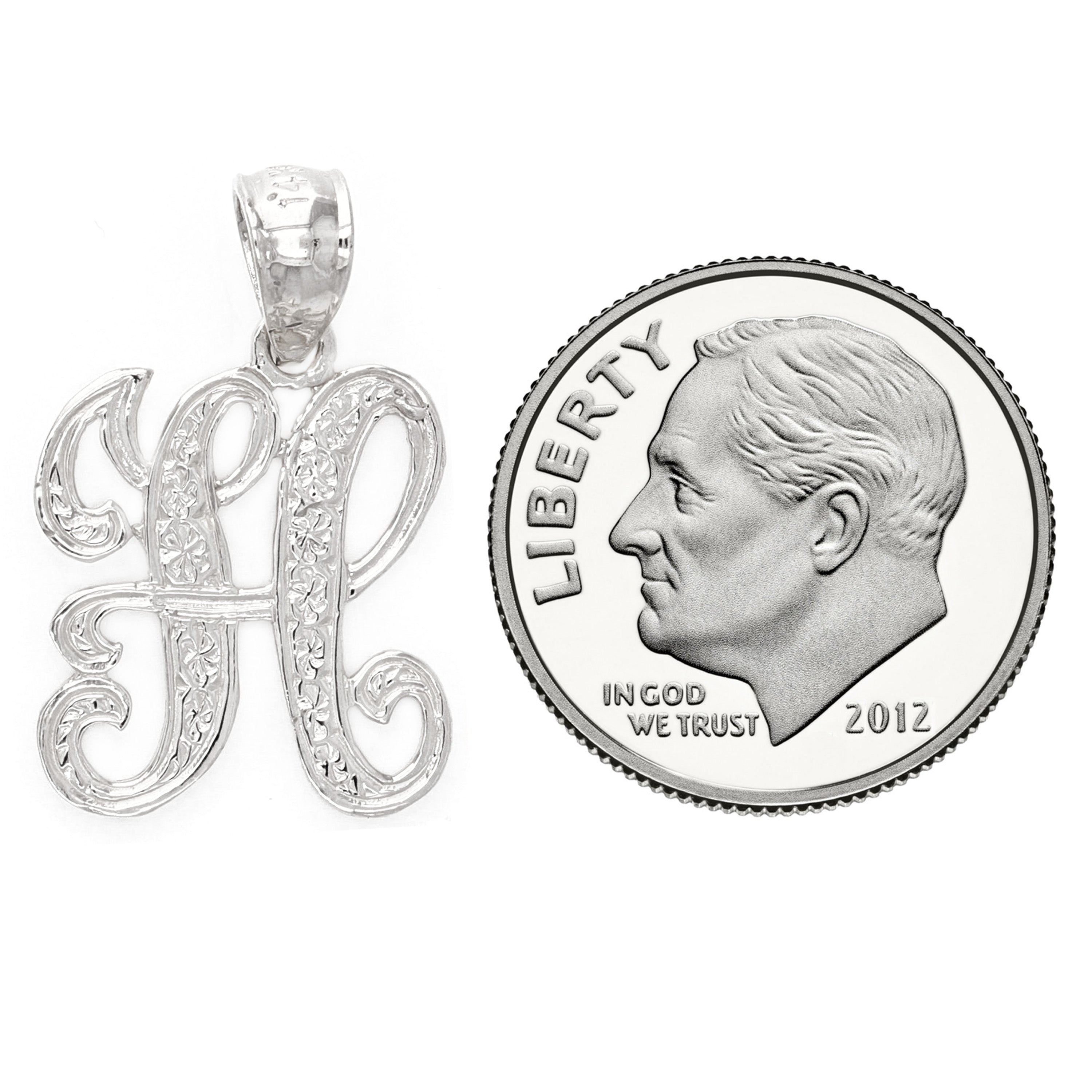 14k White Gold Initial Letter H Alphabet Charm Pendant - Letter H,White