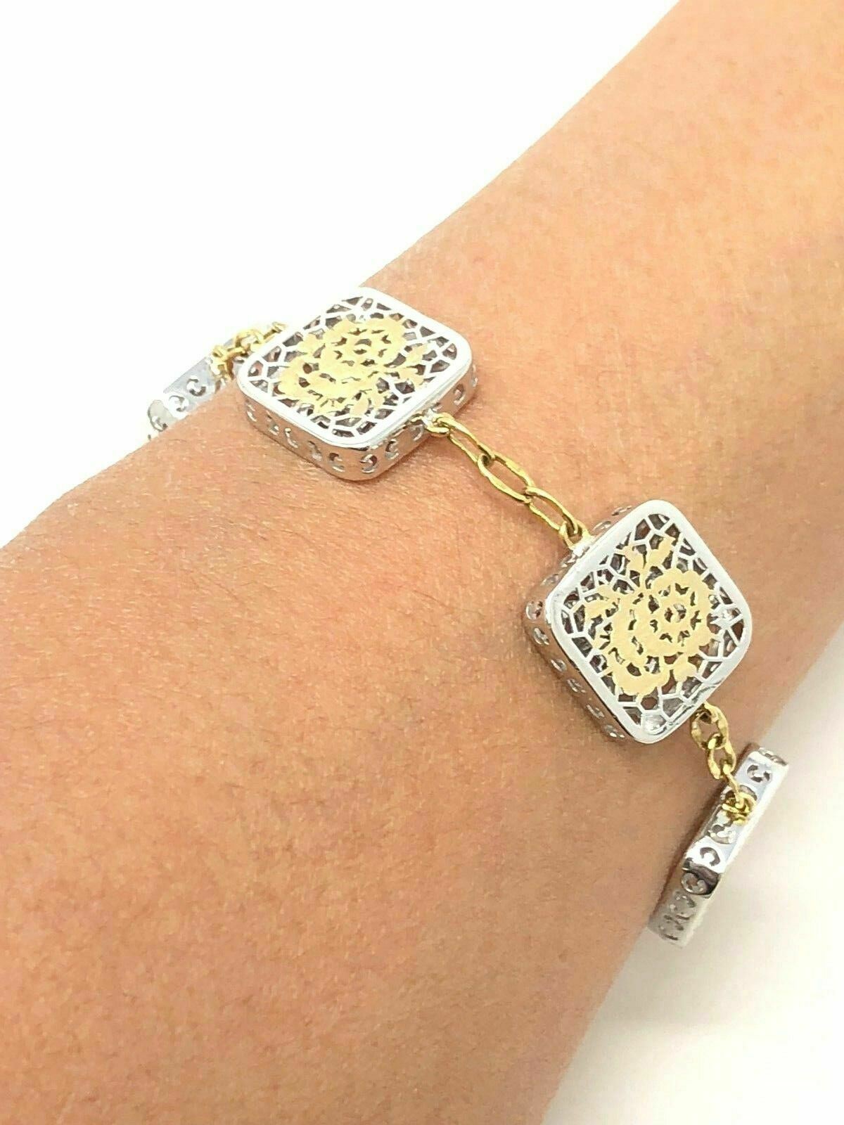 Italian 18k Two Tone Gold Filigree Flower Square Bracelet 7" 14.2mm 9.2 grams