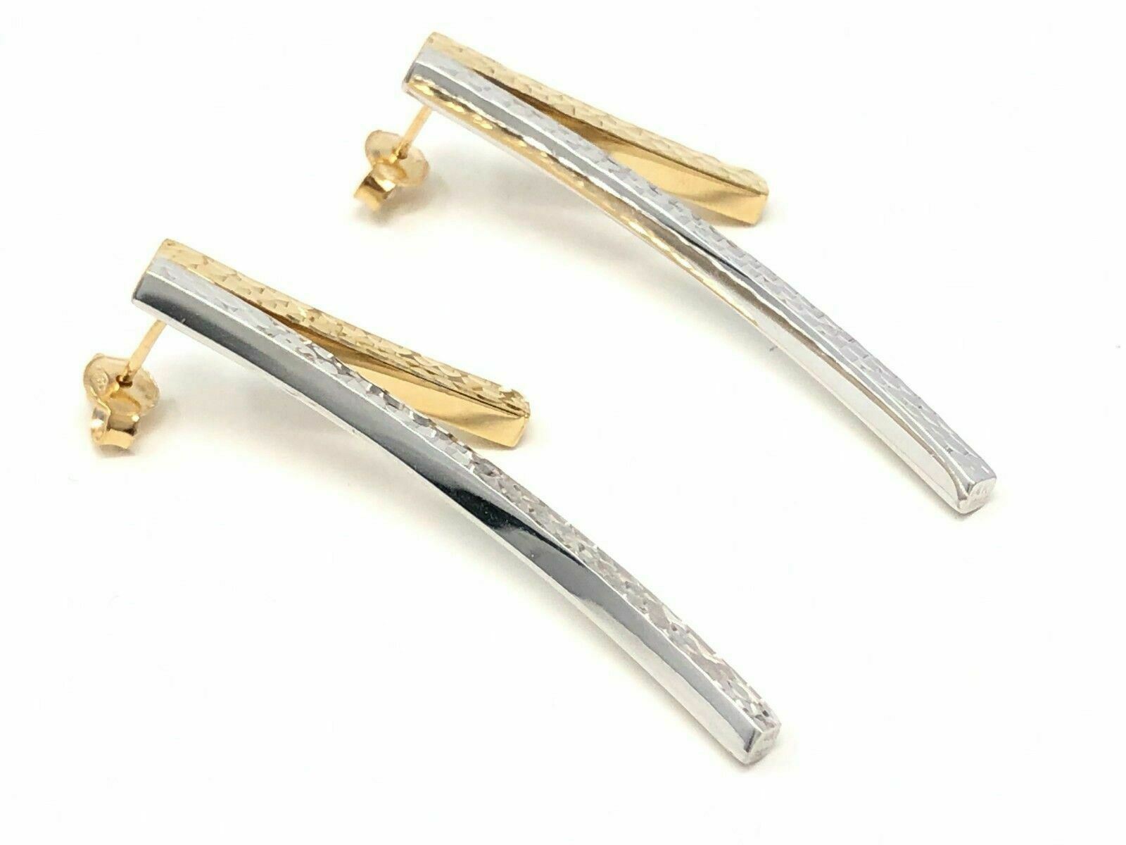 14k Two Tone Gold Diamond Cut Curved Bar Earrings 2" 6.1 grams