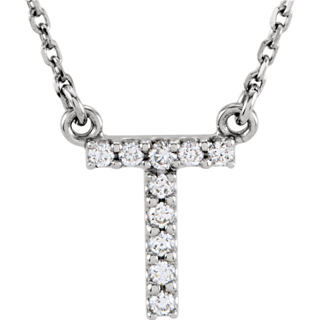 14k White Gold Diamond Initial Letter T Alphabet Rolo Pendant Necklace 18" - Letter T,White