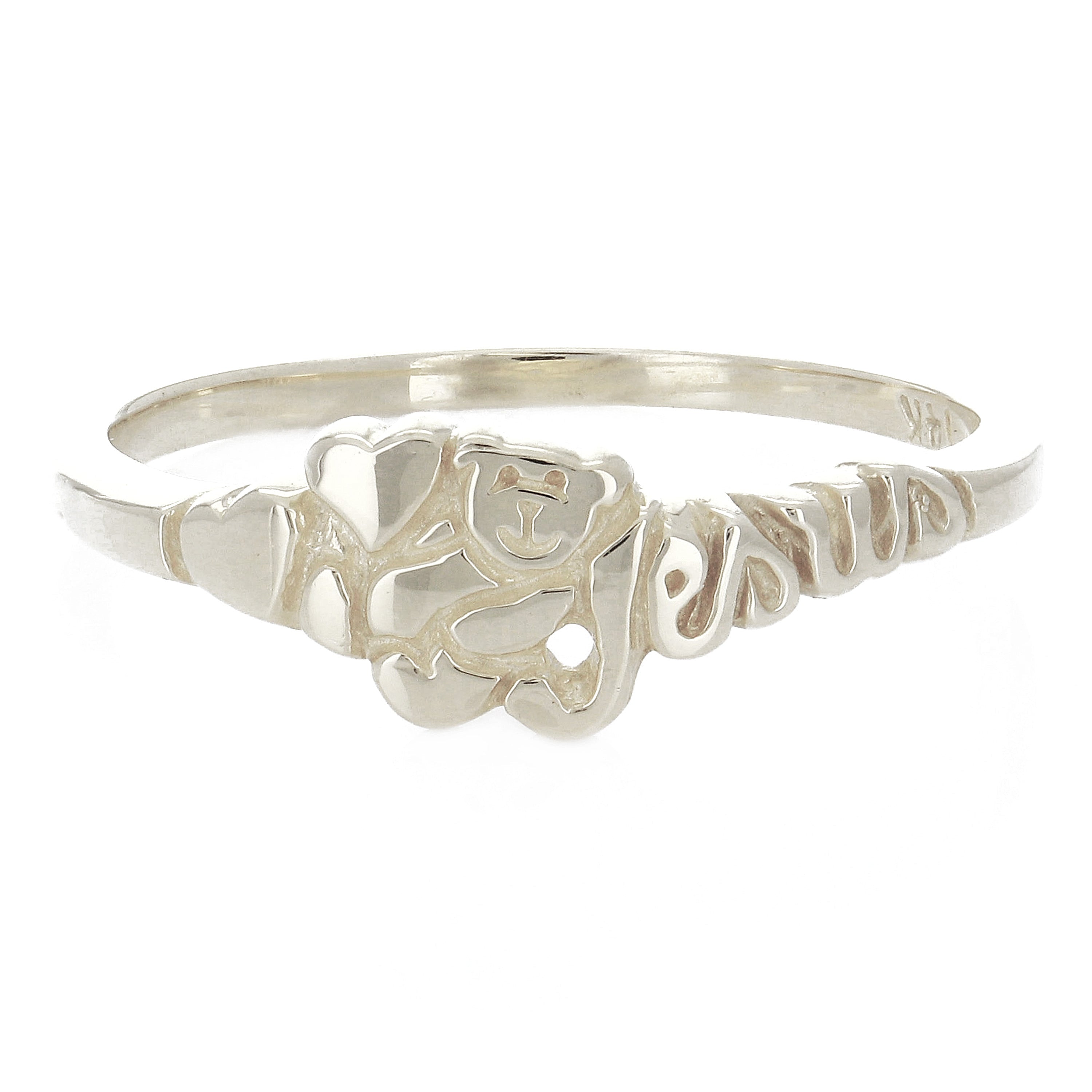 14k White Gold Teddy Bear Hearts Jesus Ring Size 10 - White,Ring Size 10