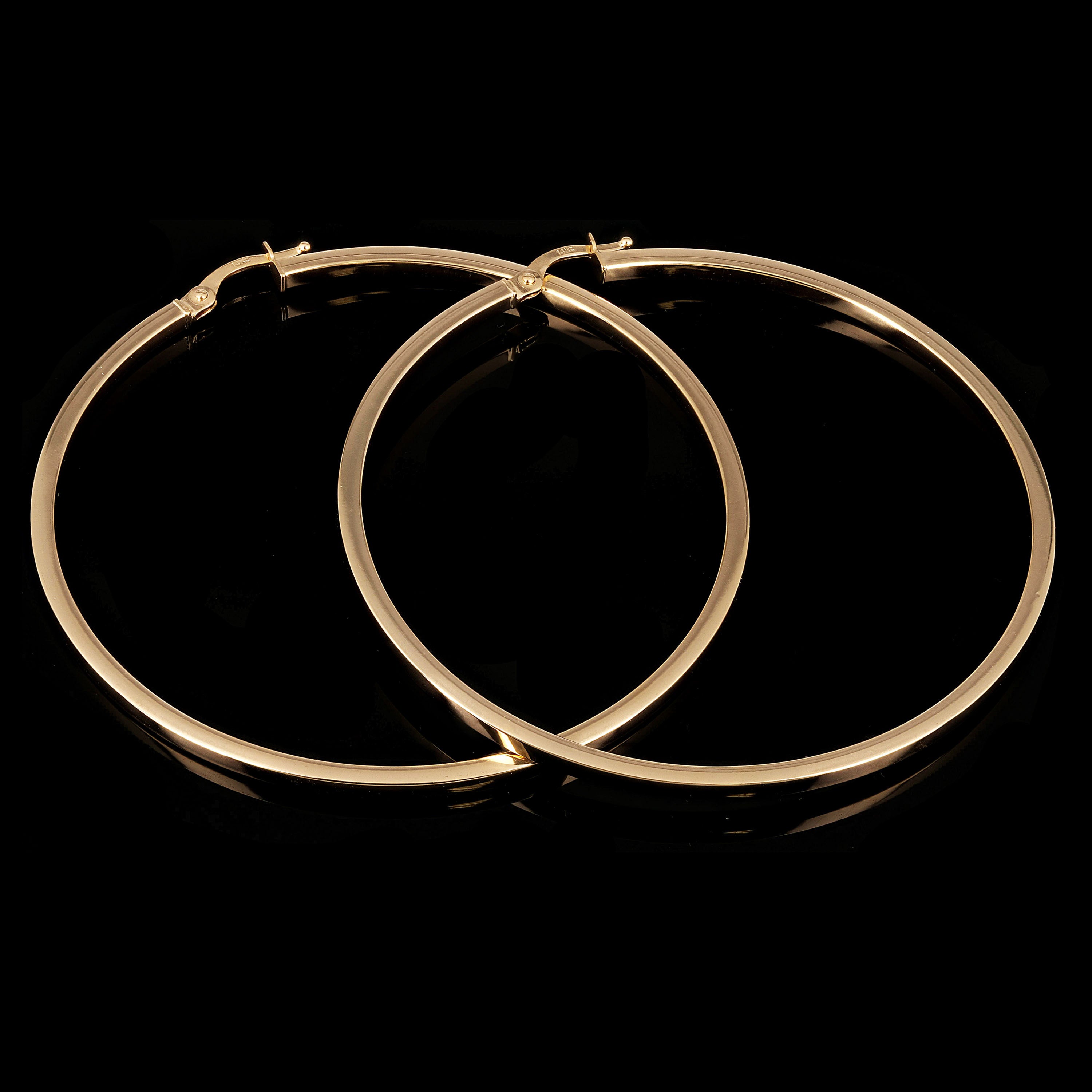 Italian 14k Yellow Gold Flat Tube Hollow Hoop Earrings 2.6" 2mm  4.4 grams