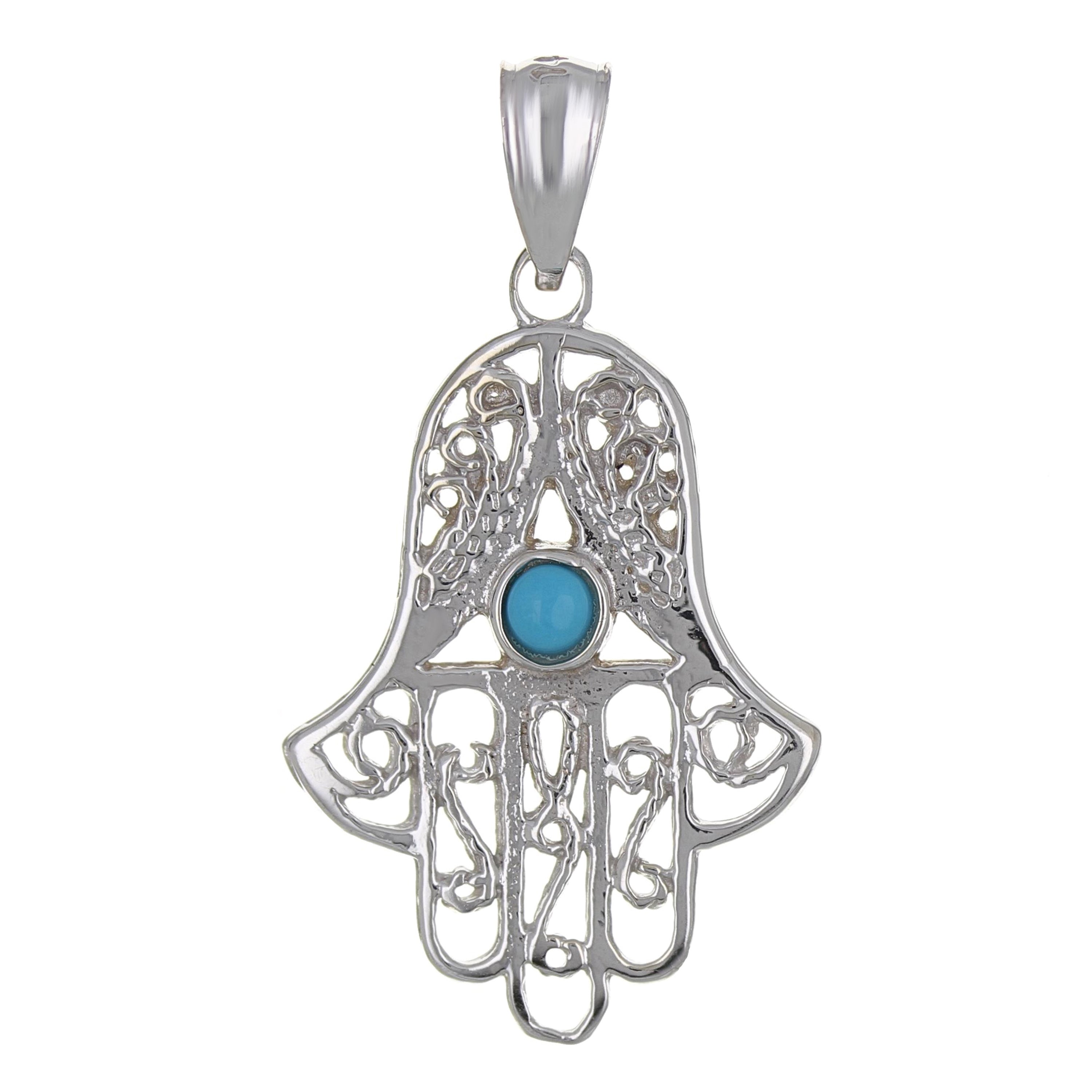 14k White Gold Turquoise Evil Eye Hand Of Fatima Hamsa Charm Pendant 2 grams - White