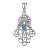 14k White Gold Turquoise Evil Eye Hand Of Fatima Hamsa Charm Pendant 2 grams - White
