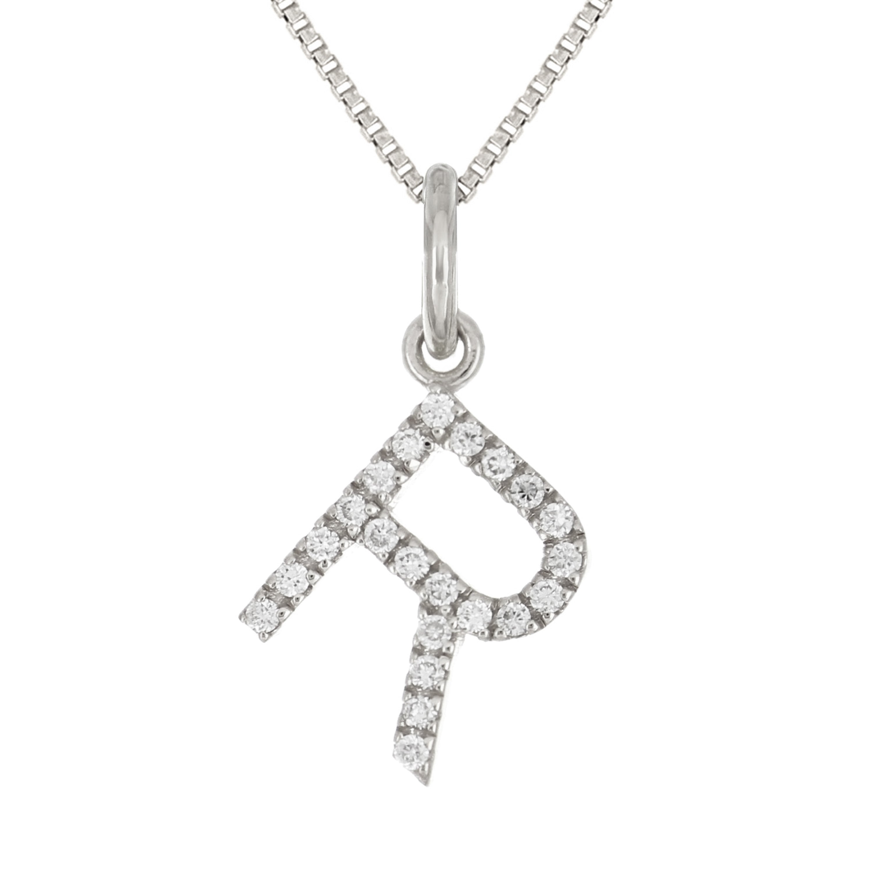 14k White Gold Diamond Initial Letter R Charm Pendant Necklace 18" - Letter R,White