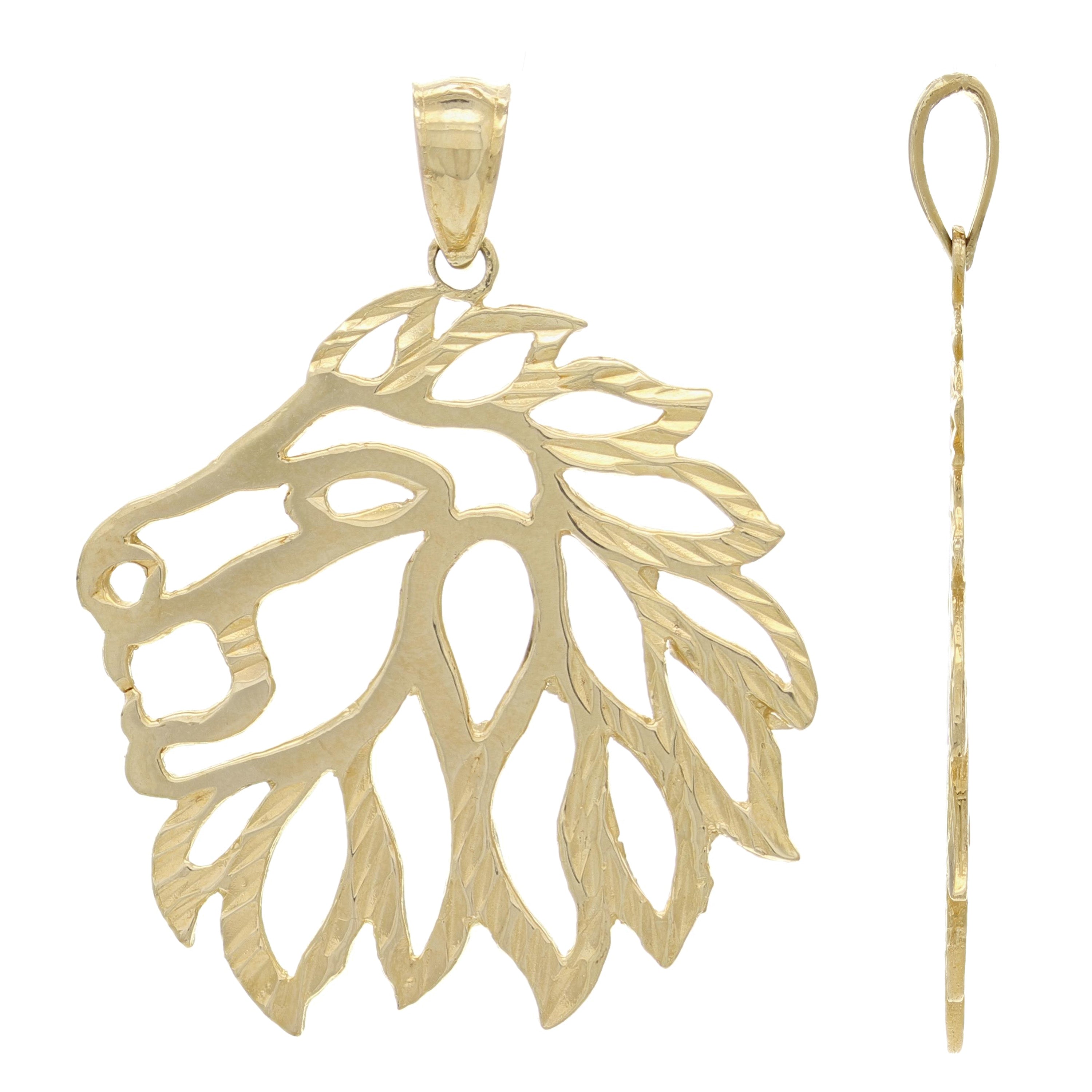 14k Yellow Gold Diamond Cut Lion Head Face Lion Charm Pendant 1.3" 2.9 grams - Yellow
