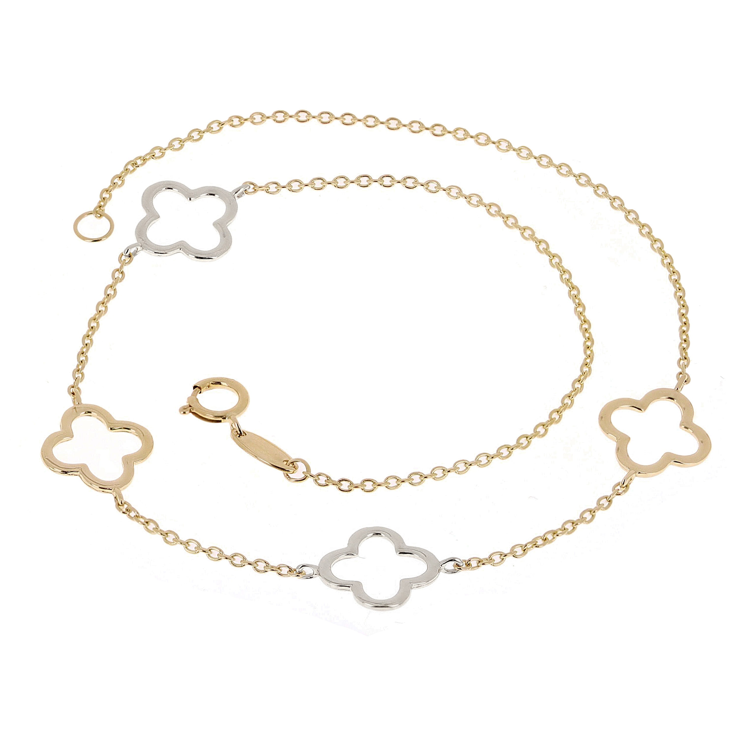 Italian 14k Yellow & White Gold Flower Charm Station Bracelet 7" 1.6 grams