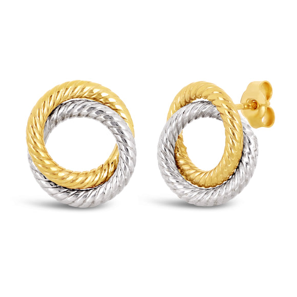 Italian 14k Yellow & White Gold Small Rope Double Eternity Circle Stud Earrings - Two-Tone Double Circle