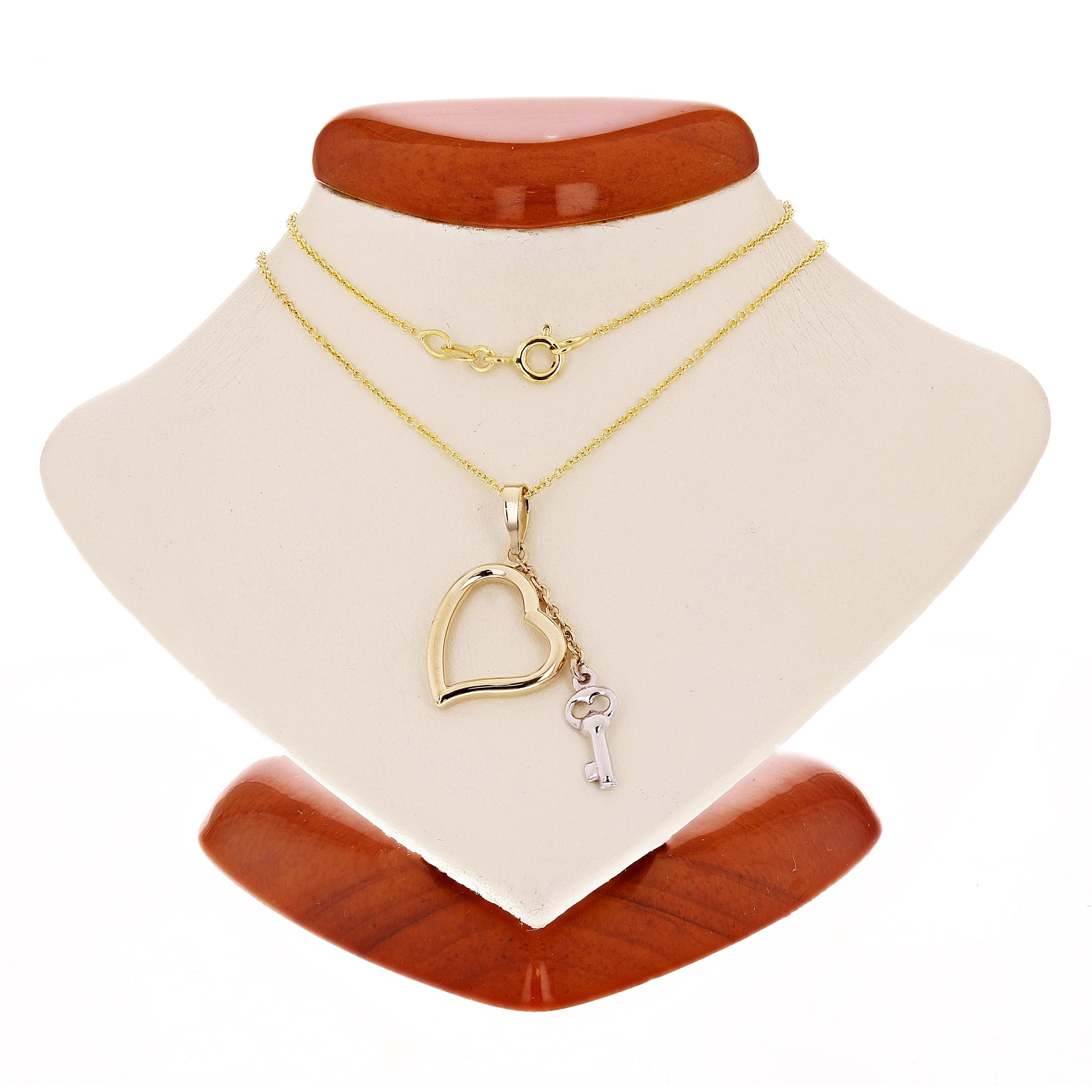 14k Yellow & White Gold Heart & Key Charm Rolo Necklace 18" 2.2 grams